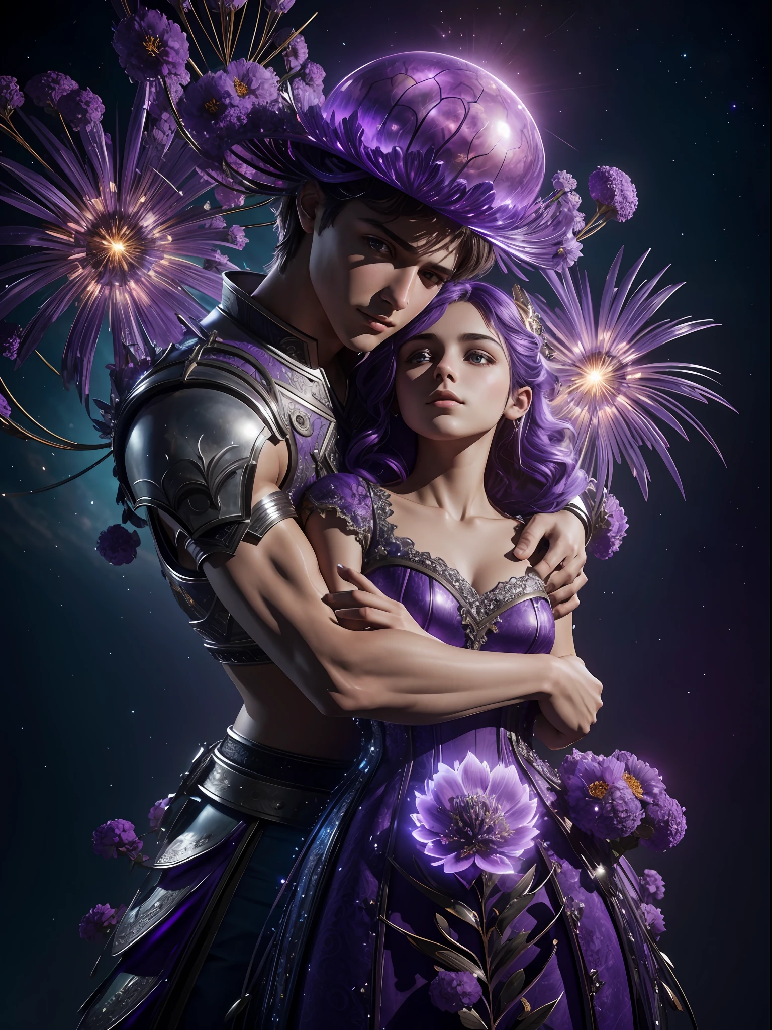 Incredible and spectacular scenes, ((high quality)), ((detailed)), ((fantasy)), "purple plasma brain, purple plasma body, realistic, best quality, 4K, flowers trapped in blisters at the top realistic, (handsome ager and beautiful girl hugging), full body portrait", image quality (3D rendering effect) , exquisite details,