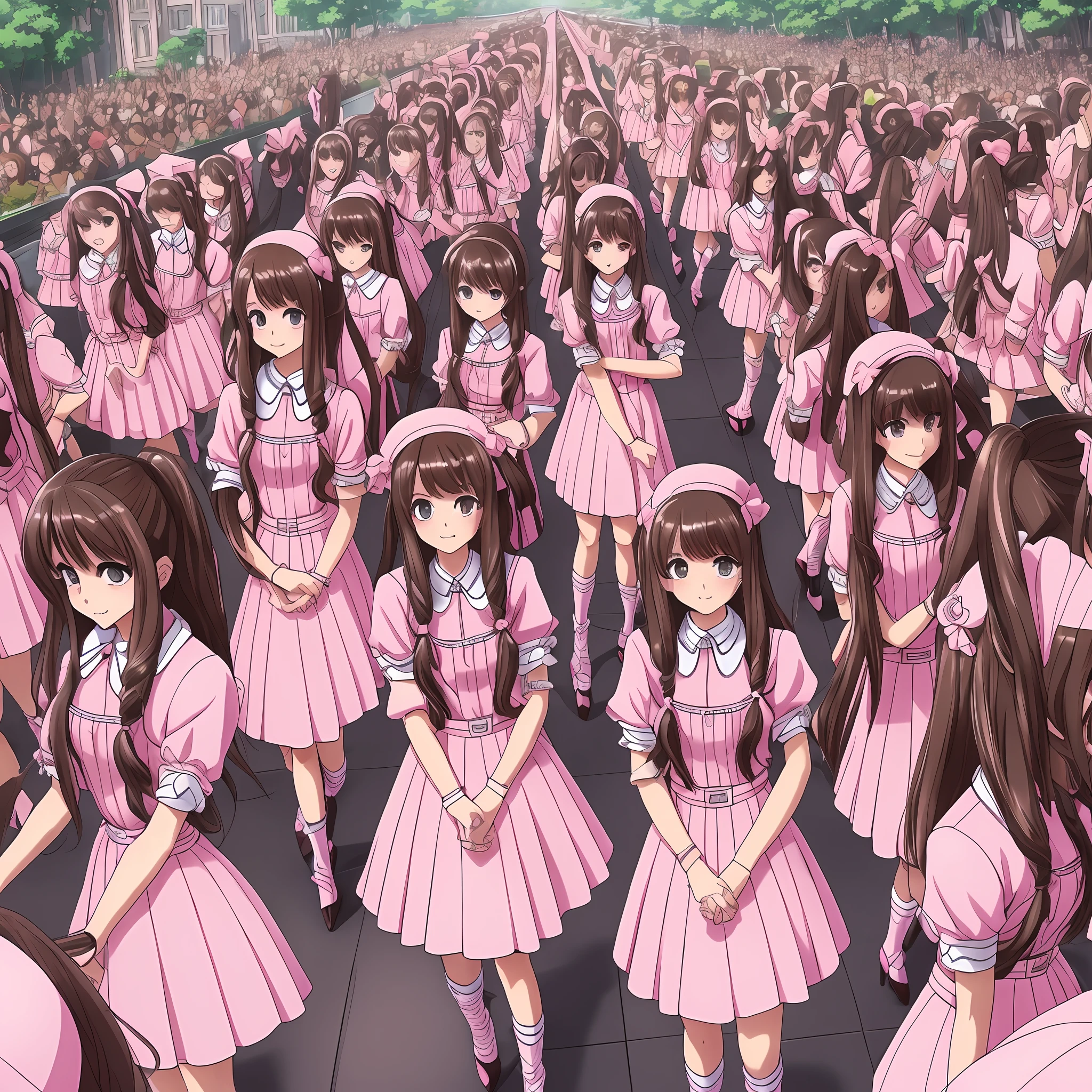 perfect anime illustration, multiple girls, thousands of girls, millions of girls, rich girls, clones, identical sisters, sisters crowded together, sisters in background, brown hair, curly hair, matching hairstyle, hazel eyes, smiling, ((matching outfits, pink uniform, high heels)), matching hairstyles, white background, highres, full body, sisters marching --auto --s2