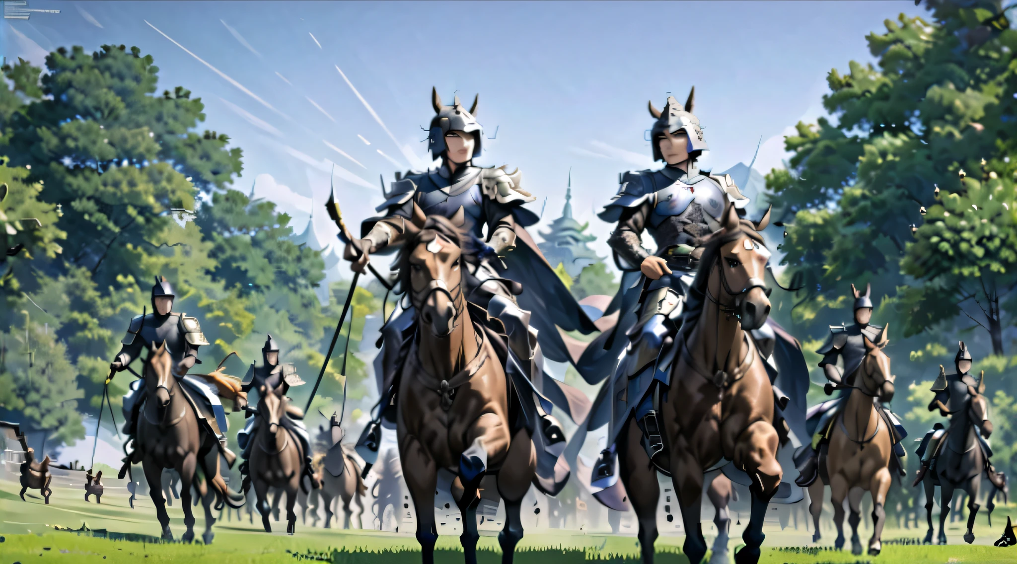there are many people riding horses in a field with trees, cavalry charge, heavy cavalry, feathered cavalry, cavalry, korean mmo, arknights, high-fantasy, high - fantasy, high fantasy, korean mmorpg, krenz cushart and wenjun lin, xianxia fantasy, yiqiang and shurakrgt, high detailed official artwork