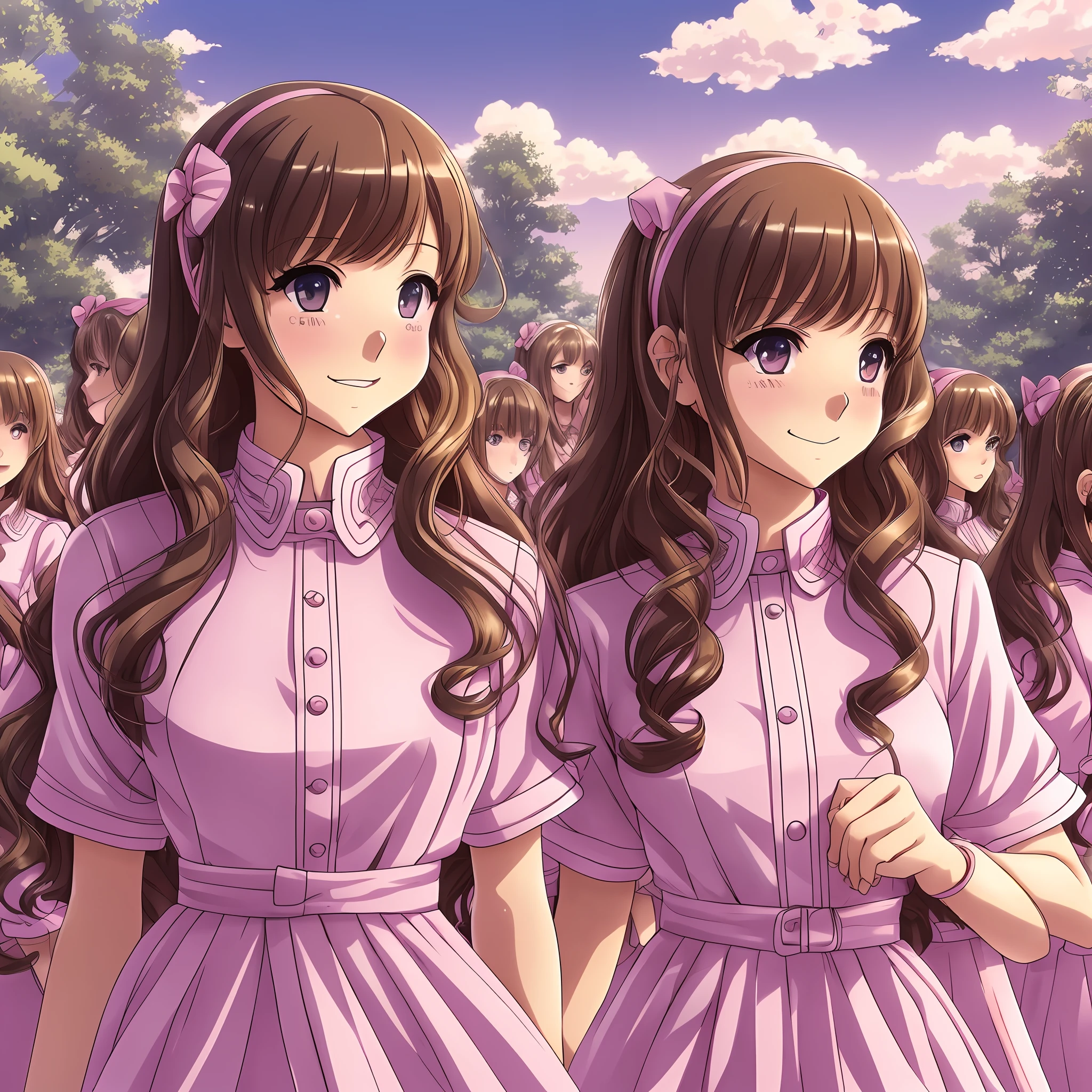perfect anime illustration, multiple girls, thousands of girls, millions of girls, rich girls, clones, identical sisters, sisters crowded together, sisters in background, brown hair, curly hair, matching hairstyle, hazel eyes, smiling, ((matching outfits, pink uniform, high heels)), matching hairstyles, white background, highres, full body, sisters marching --auto --s2