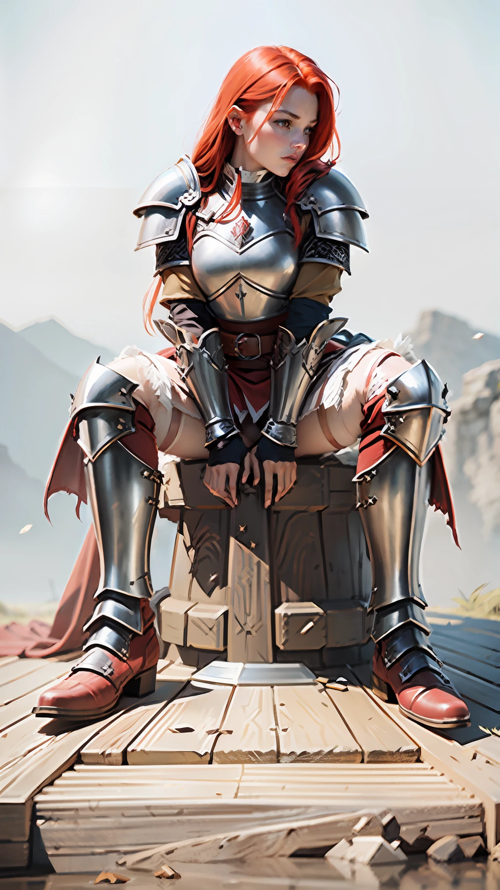 Redhead warrior, armor, medieval fantasy, D&d, RPG, ultra realistic, ultra detailed, best quality, 8k, wallpaper, steel breastplate, steel boots, steel gauntlets, steel gloves, sitting, open legs, red skirt, small panties, white panties, panty view, upskirt, thong, cameltoe, pantyshot, RAW,