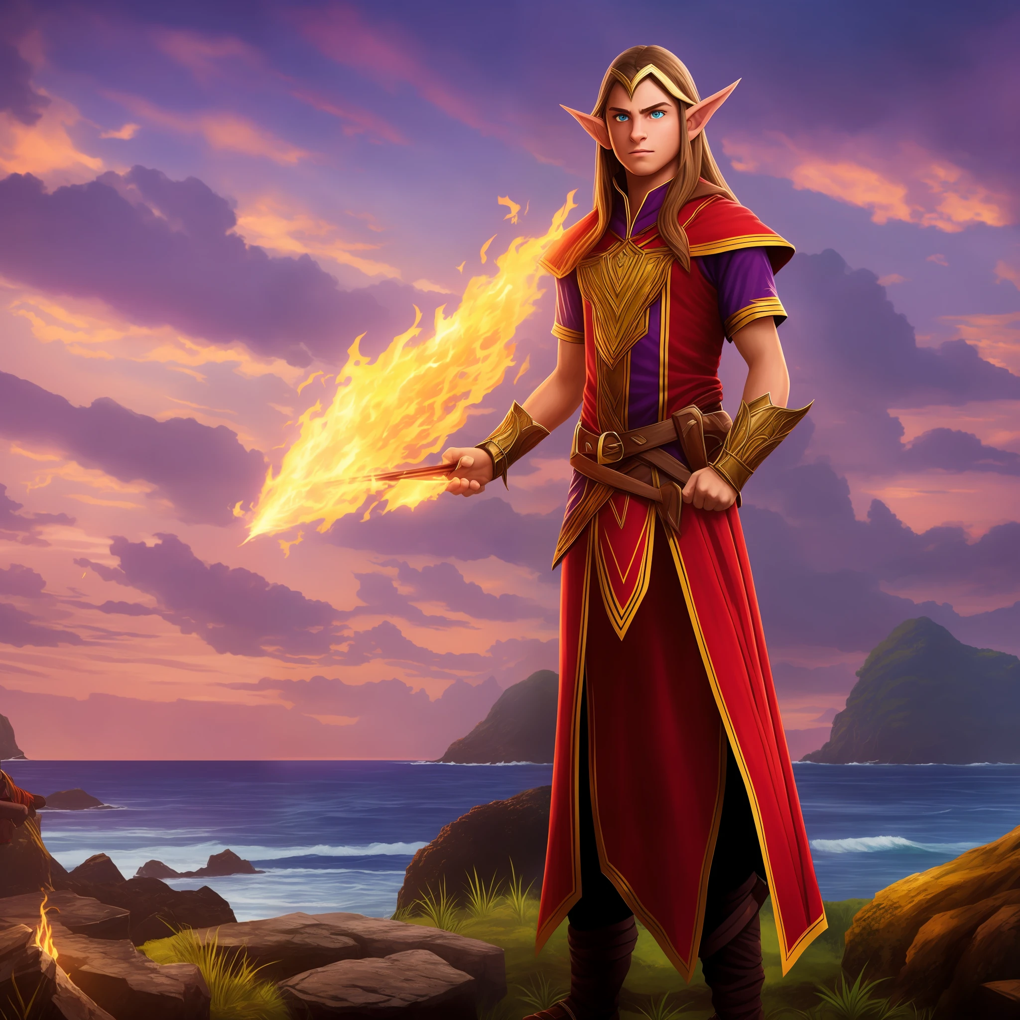 "Half-elf ager, eyes of purple color, practicing fire magic in a magic school on the magical island, wearing a red and white uniform, while staring at the horizon of the ocean."