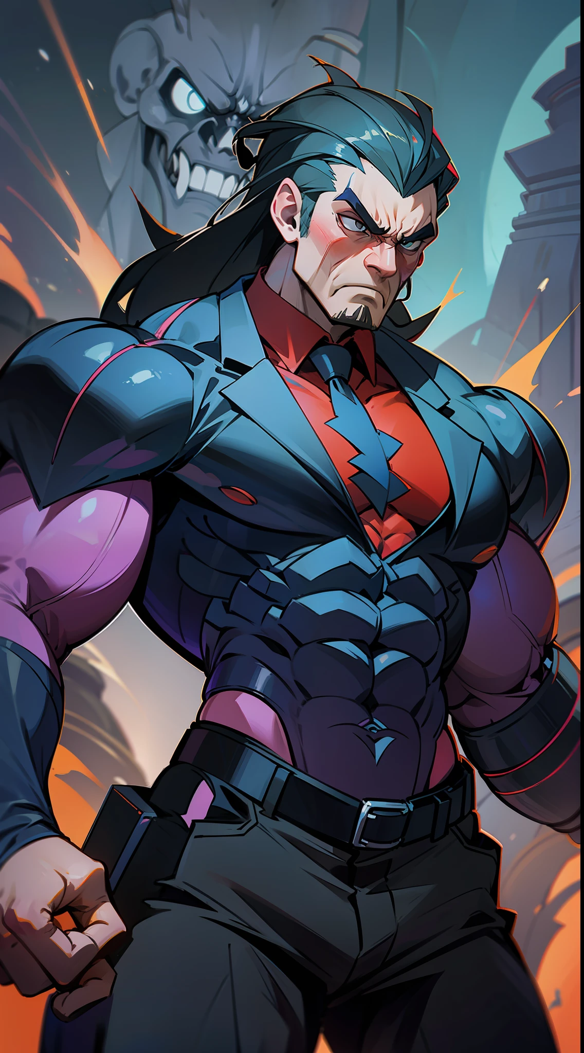a super strong game boss extremely muscular, angry expression sinister very bad, wearing a stylish suit.