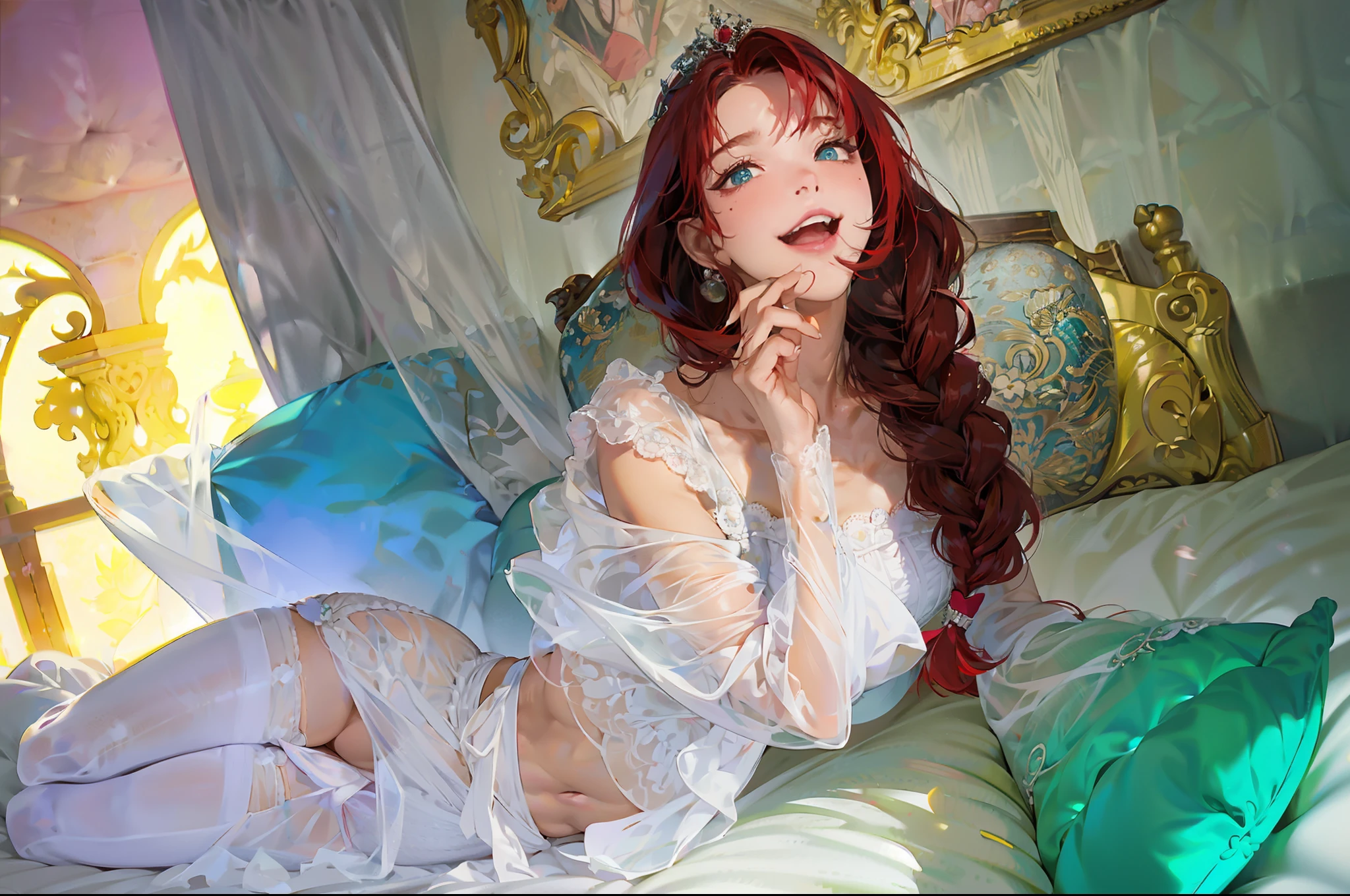 Red hair, low braids, placket, giant ahog, crown, jewelry, bead necklace, moles under the eyes, heart-shaped pupils, rolling eyes, constricted pupils, aqua eyes, makeup, open mouth, light smile, shyness, blush, fangs, tongue, sticking out tongue, licking lips, ear blush, seductive smile, moaning, nose blush, anime, romanticism, chromatic aberration, film lighting, relief, polymonochrome, pov, panorama, masterpiece, super detail, textured skin, full body shot, full body, fat buttocks, Abs, Clear clothes, Slim waistline, Slim body, Fair skin, Hands scratching chest, Thong, bikini, slender calves, slender arms, sheer clothing, white socks, high detail, super detail, textured skin, Translucent clothes, complete body, over-rim eyewear, chiaroscuro, ray tracing, bloom, high details, super detail, textured skin ,revealing clothes, Broken clothes, Lace, translucency --auto --s2