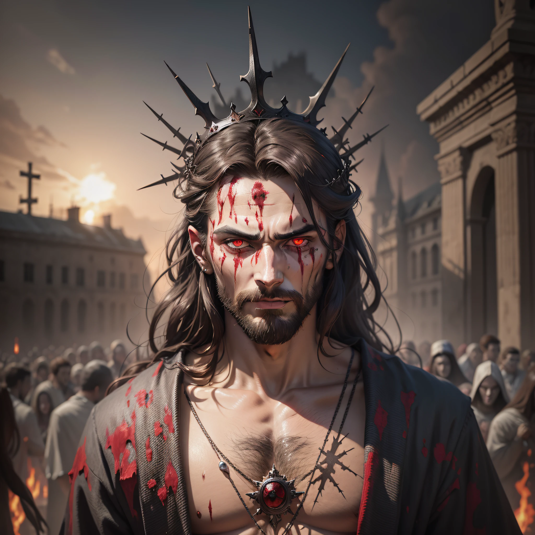 Jesus Christ, demonic, demonic eyes, bleeding, much blood and death in the background, man with crown of thorns piercing his head