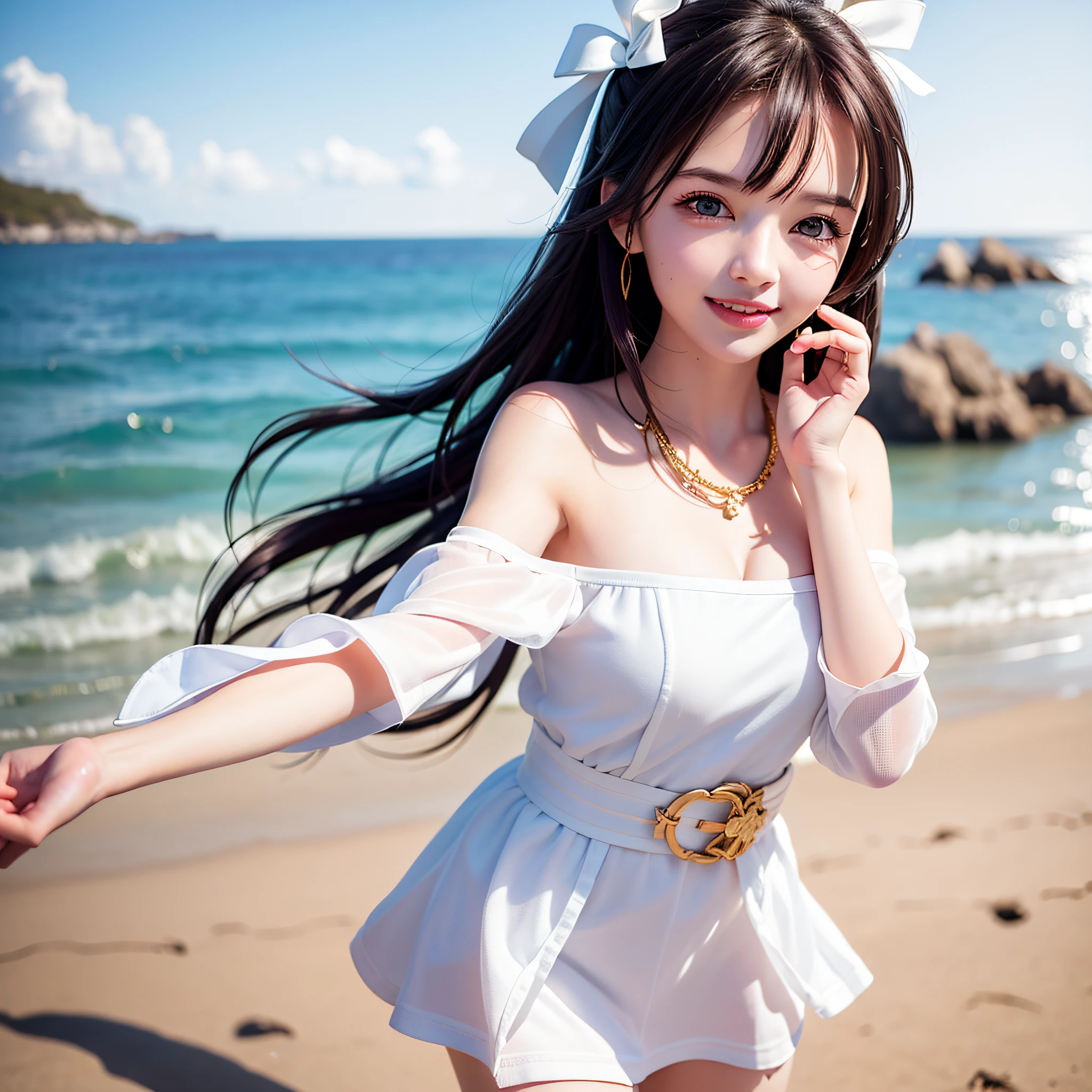 Coastal beauty, 1girl, (bright eyes, sun-kissed skin, carefree expression), beach background, lighthouse, soft sea breeze, playful pose, dynamic composition, golden hour lighting, blurred background, rich colors, fine details, surreal, 50mm lens, relaxing atmosphere. Portrait photography, 35mm film, natural blur, (Don style white wrapped chest, white bow belt), solo, good fingers, seductive smile