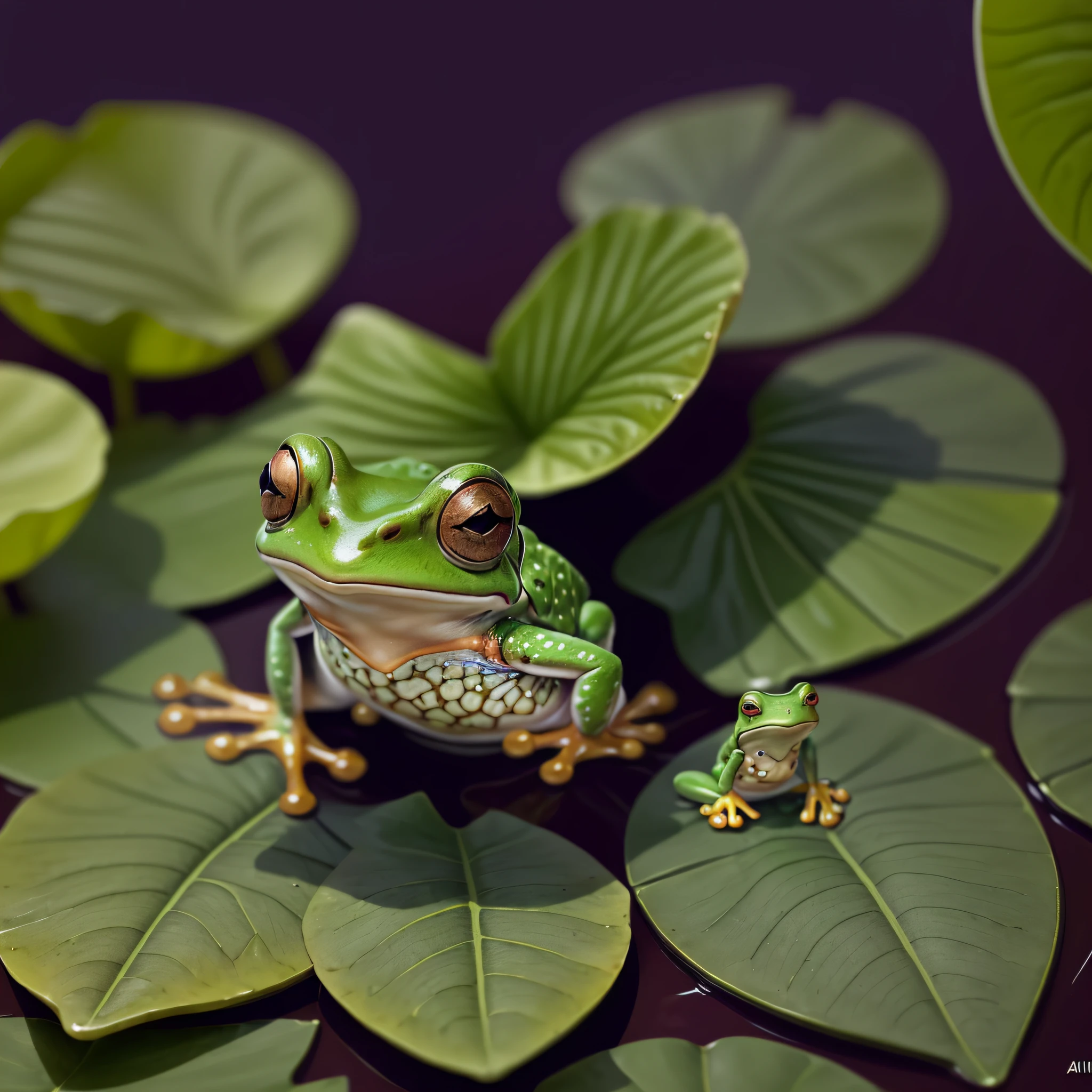 ((Masterpiece, Top Quality, Best Quality, Beauty and Aesthetics: 1.2,32K, Masterpiece: 1.2)), (((A Cute Little Frog))), the body takes on a vivid green color. It has large, round eyes that flash bright black. Its mouth opened slightly, as if it was calling out happily. The little frog stands on a moist lotus leaf and jumps flexibly on all fours, creating a vibrant picture.