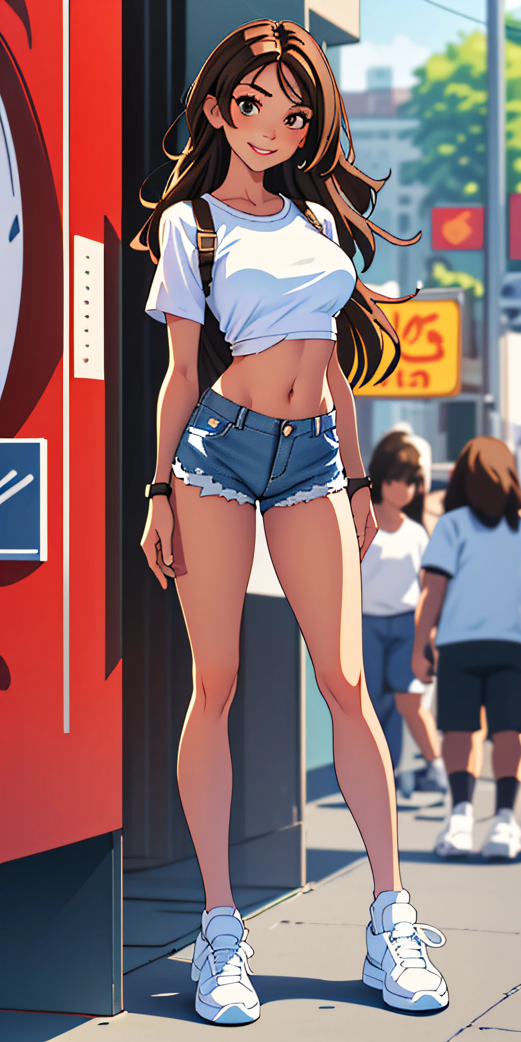 (best quality, masterpiece), 1girl, watch viewer, blurred background, full body, contemporary, dress, smile, white t-shirt, constricted waist, big breasts, long legs, white sneakers, jeans low waist shorts, belly button out, blue bra, brown hair