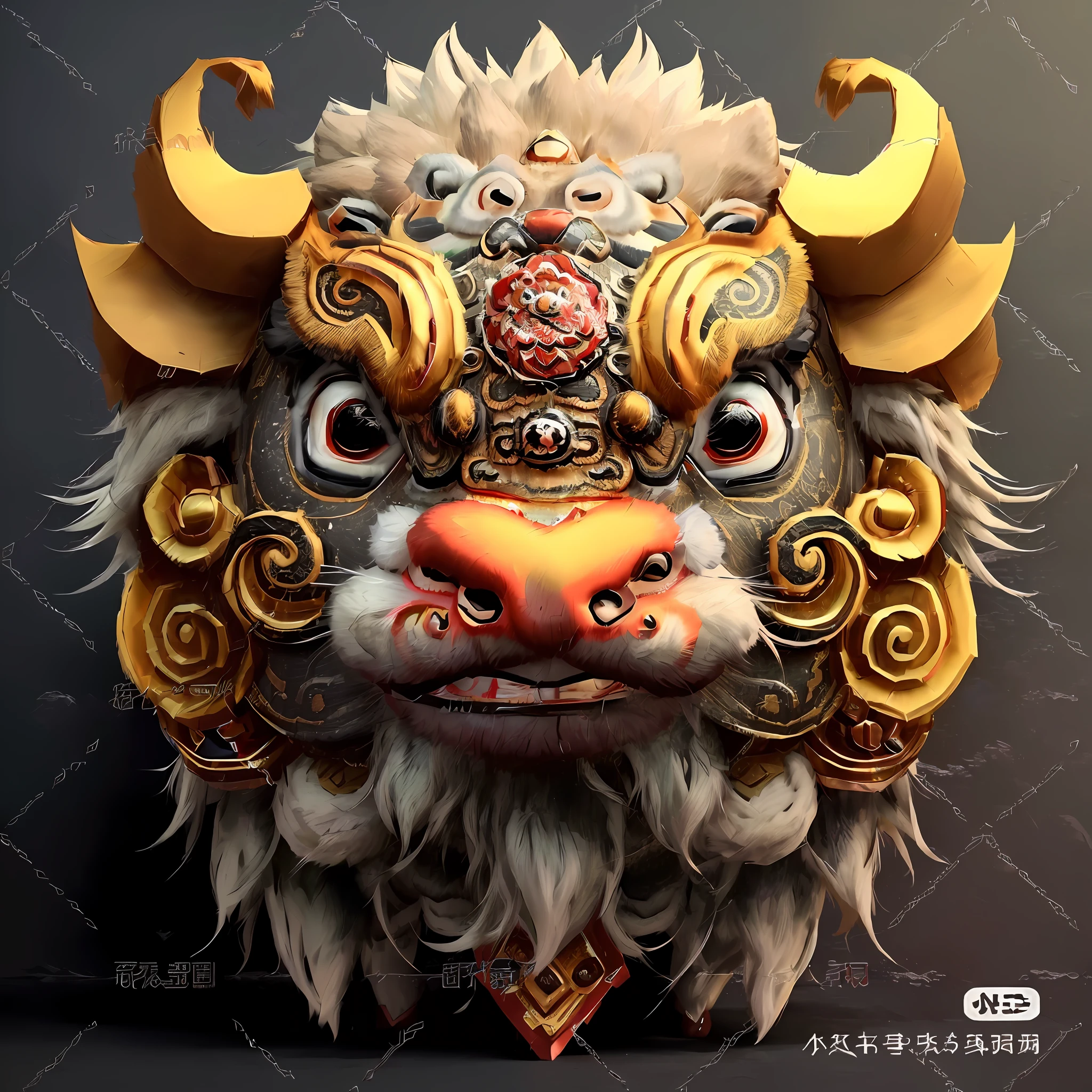 Awakening lion style, close-up of mask with bull big head, detailed digital 3D art, Asura in Chinese mythology, bison god, animal style head, ancient Chinese art style, Chinese style, Chinese ghost festival, complex gorgeous anime CGI style, highly detailed digital art, highly detailed digital art, cow face, lion head