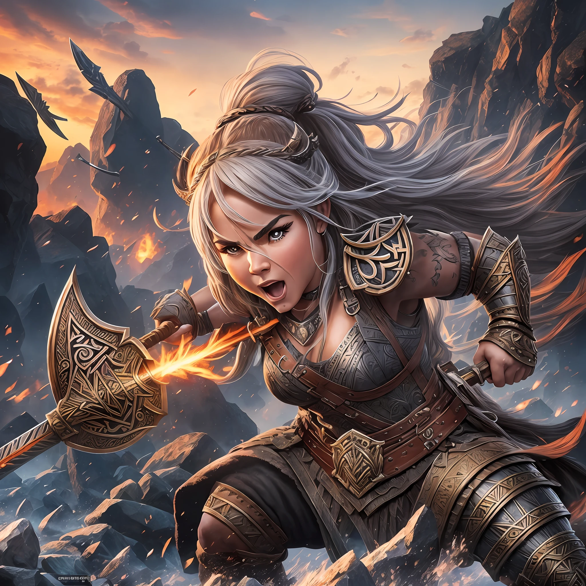 Witness the ferocity of a Viking dwarf Valkyrie warrior in this NFT. The detailed digital art captures the intensity of battle, with every muscle, weapon, and battle gear meticulously portrayed. The vibrant colors and dynamic pose convey a sense of power and determination, embodying the spirit of the fearless Valkyrie. --auto --s2