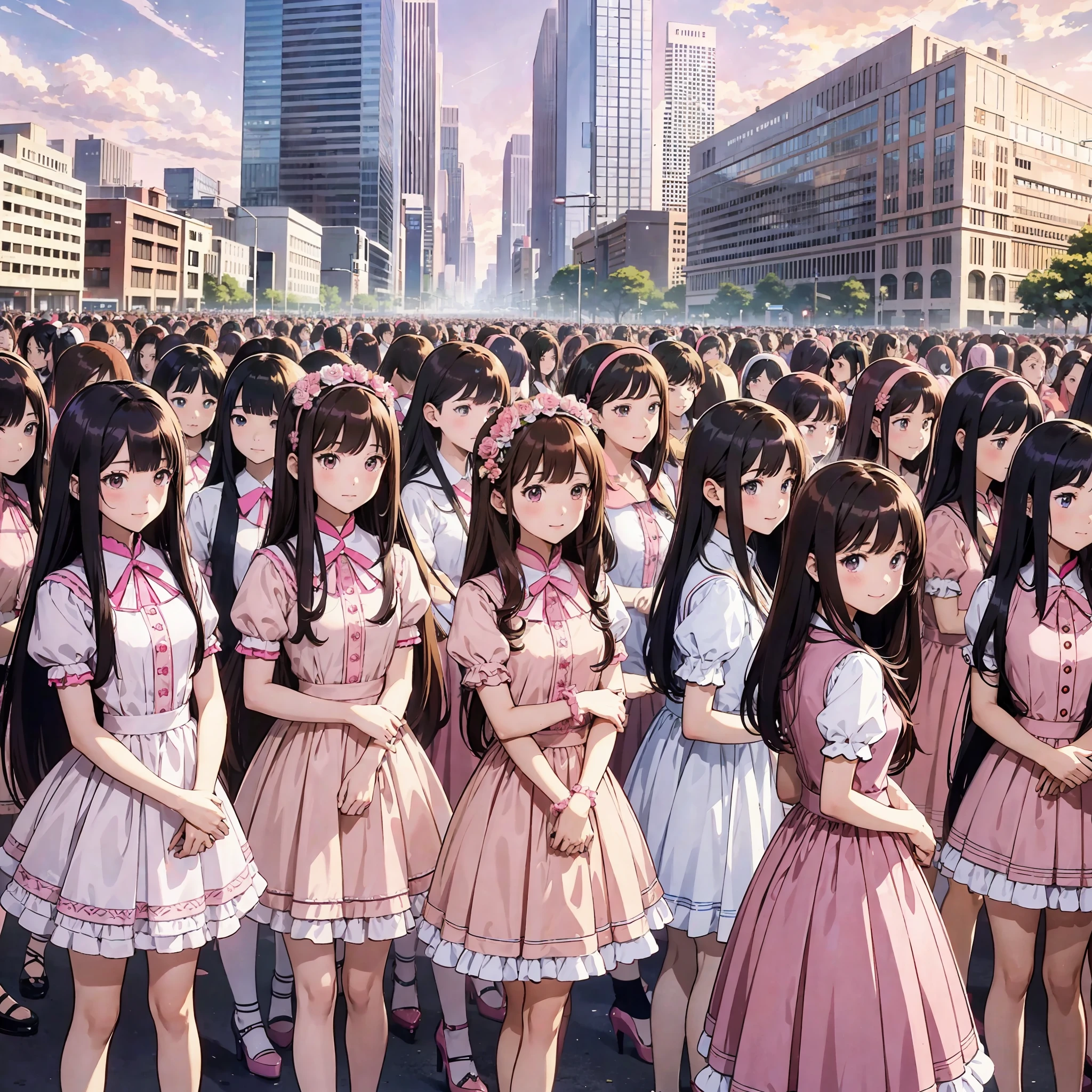 perfect anime illustration, multiple girls, thousands of girls, millions of girls, rich girls, clones, identical sisters, sisters crowded together, sisters in background, brown hair, curly hair, matching hairstyle, hazel eyes, smiling, ((matching outfits, pink dresses, high heels)), matching hairstyles, white background, highres, full body, sisters marching