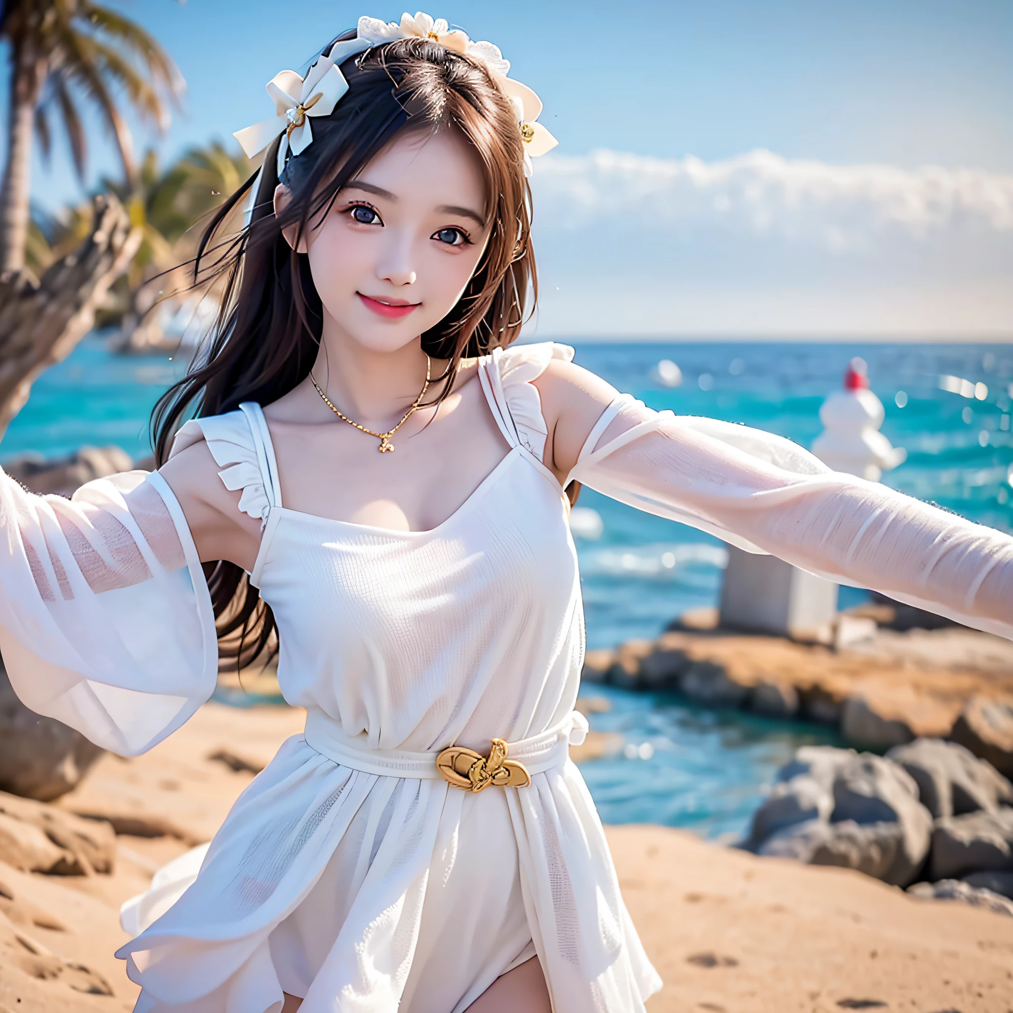 Coastal beauty, 1girl, (bright eyes, sun-kissed skin, carefree expression), beach background, lighthouse, soft sea breeze, playful pose, dynamic composition, golden hour lighting, blurred background, rich colors, fine details, surreal, 50mm lens, relaxing atmosphere. Portrait photography, 35mm film, natural blur, (white chest wrap, white bow belt), teenage girl, good fingers, smile