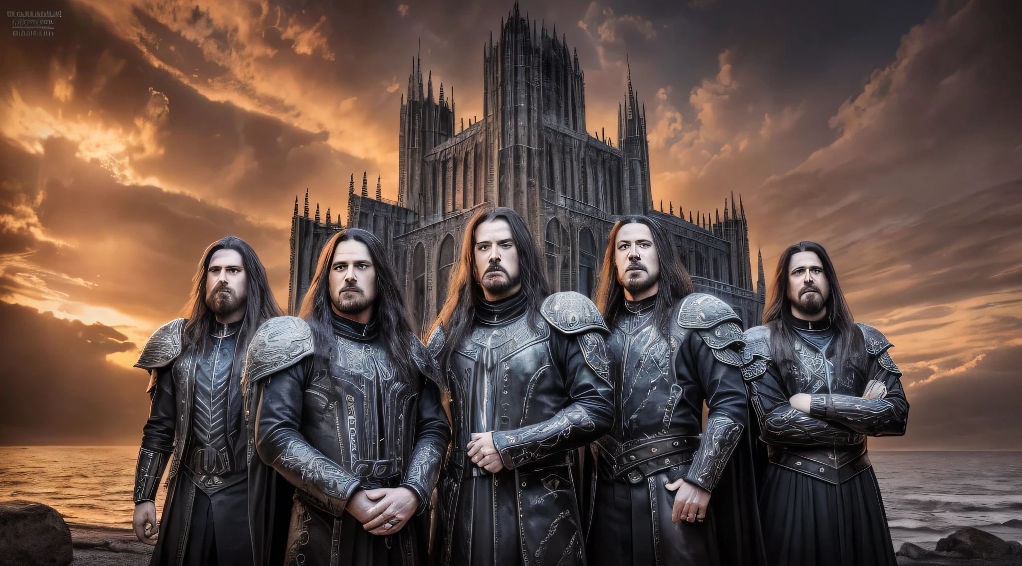 best quality, ultra high resolution, (photorealistic: 1.4), A group of men standing in front of a dark sky, Dream Theater, Caparison, Masterful Art, Dramatic Art, New Wave of British Heavy Metal, [ Metal ], Dark metal, Album, Manowar album, Death metal, Doom metal, Saliva, NMM, Wide shoot, Family photo, Realistic metal, Black metal, in Valhalla