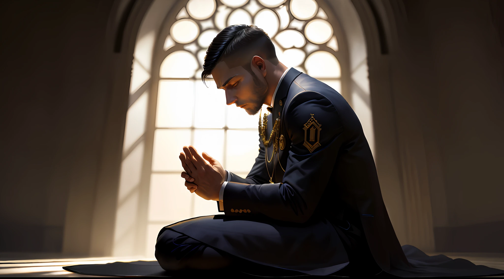 (best quality, amazing artwork), man in prayer suit, serene lighting, calm atmosphere, expressive shadow, religious devotion, stunning sharpness.