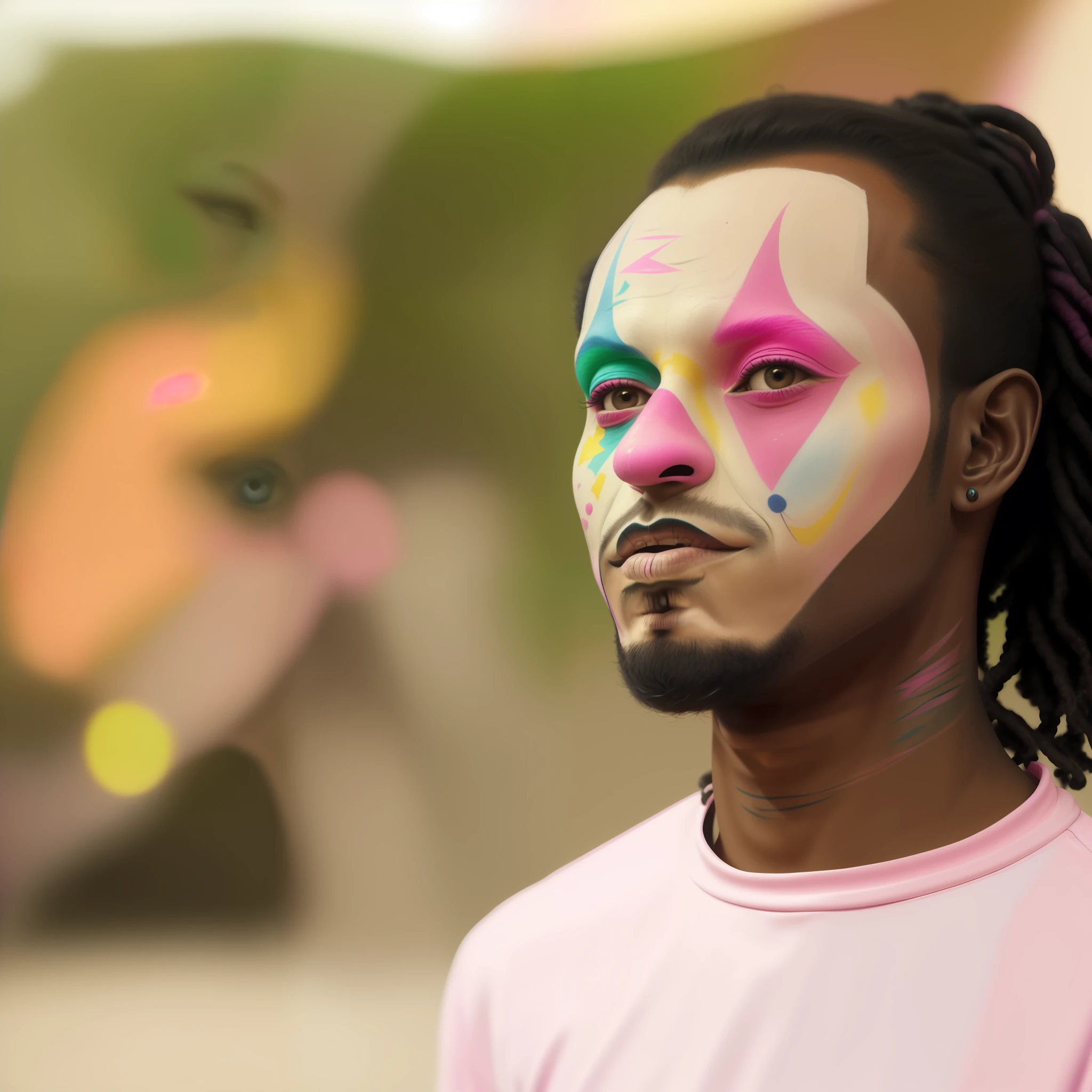 arafed man with a pink shirt and a pink shirt with a star painted on his face, painted face, markings on his face, color portrait, portrait of circus artist, neon face tattoo, brightly colored, wearing bizarre clown makeup, symmetrical painted face, neon face paint, detailled face, wearing clown makeup, wearing accurate clown makeup, by Ras Akyem