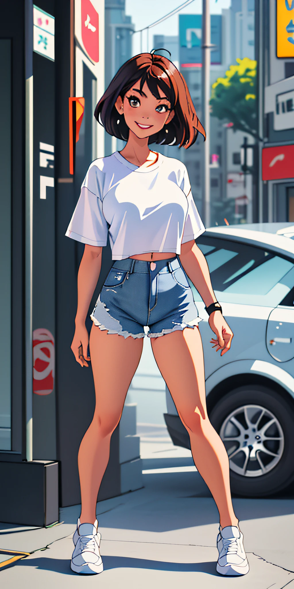 (best quality, masterpiece), 1girl, watching viewer, blurred background, full body, contemporary, dress, smile, white t-shirt, constricted waist, big breasts, long legs, white sneakers, jeans low waist shorts, belly button,