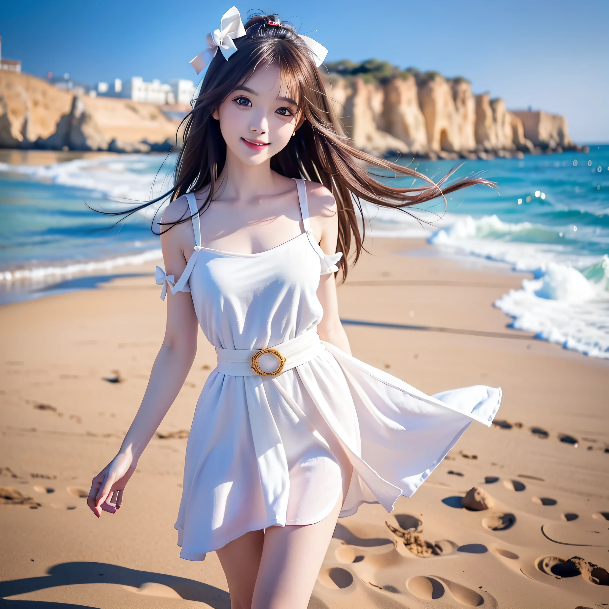 Coastal beauty, 1girl, (bright eyes, sun-kissed skin, carefree expression), beach background, lighthouse, soft sea breeze, playful pose, dynamic composition, golden hour lighting, blurred background, rich colors, fine details, surreal, 50mm lens, relaxing atmosphere. Portrait photography, 35mm film, natural blur, (upper body white chest wrap, white bow belt), underage girl, good fingers, smile, full body, slender legs