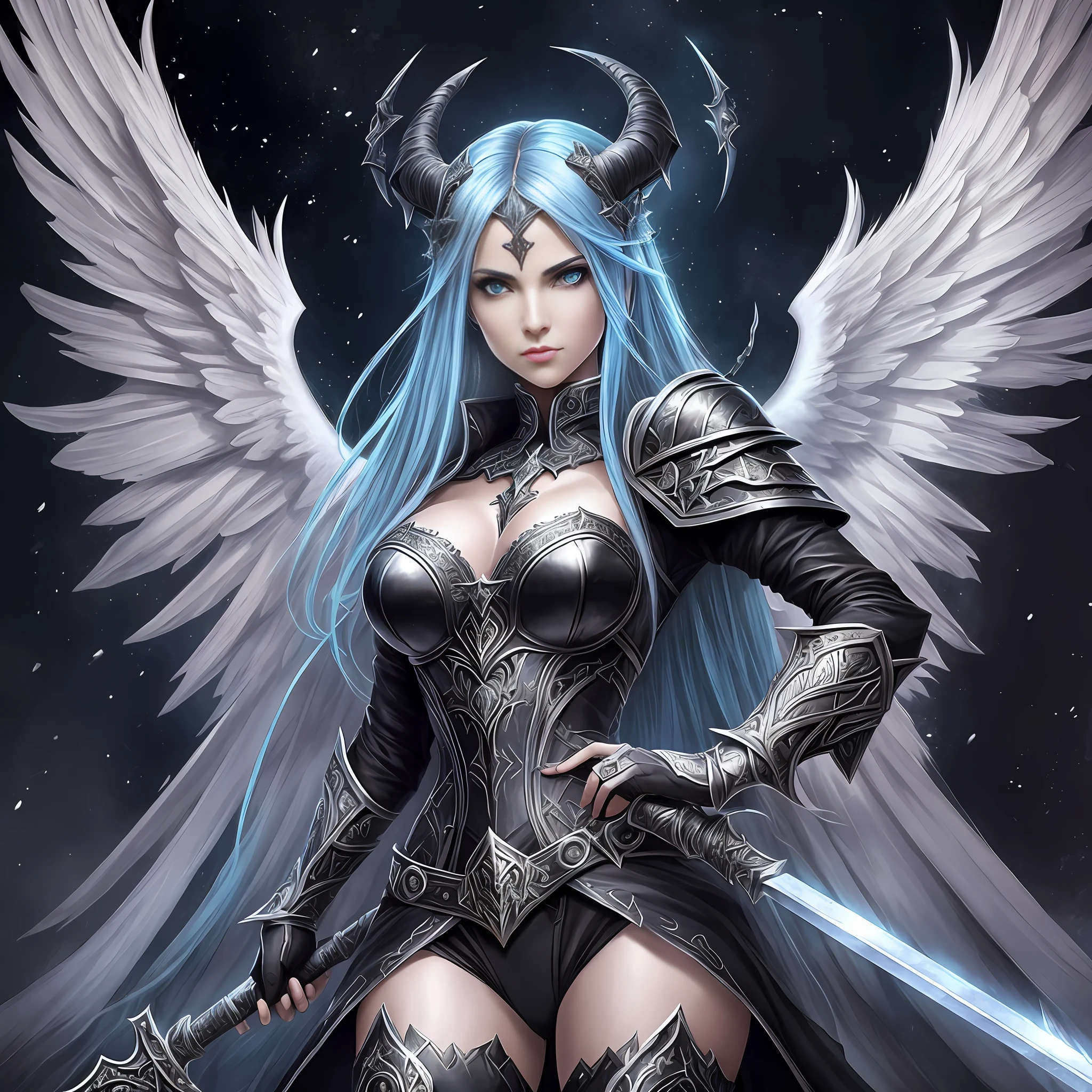 a black and white drawing of a woman with wings holding two swords, detailed grip, detailed sword angel knight girl goth, angel of death, angel of death, highly detailed dark art, dark angel, in the style of anne stokes, the angel of death with a halo, inspired by Anne Stokes, goddess of death, female female vampire winged crow, dark art fantasy, cute gothic x-ray angel beautiful female warrior, female sorceress portrait, noble woman in ornate armor, blue hair,epic fantasy art style, epic fantasy art portrait, magali villeneuve', detailed realistic, full hd, cinematic, fine details, 8k,epic fantasy art style, amazing mmorpg, d & d fantasy digital art, fantasy mmorpg, epic fantasy digital art style, d & d warcraft dragon age, epic fantasy style art, d & d fantasy digital painting, epic rpg art, mmorpg, epic fantasy game art, hdcinematic epic fantasy art style,((masterpiece)),(((best quality)),((character design sheet, same character, front, side, back)), illustration, 1 girl, long hair, hair in the eyes, beautiful eyes, environment Scene change, pose too, female demon, horns, holds a spear, charturnbetalora, (single background, white background: 1.3) , --auto --s2