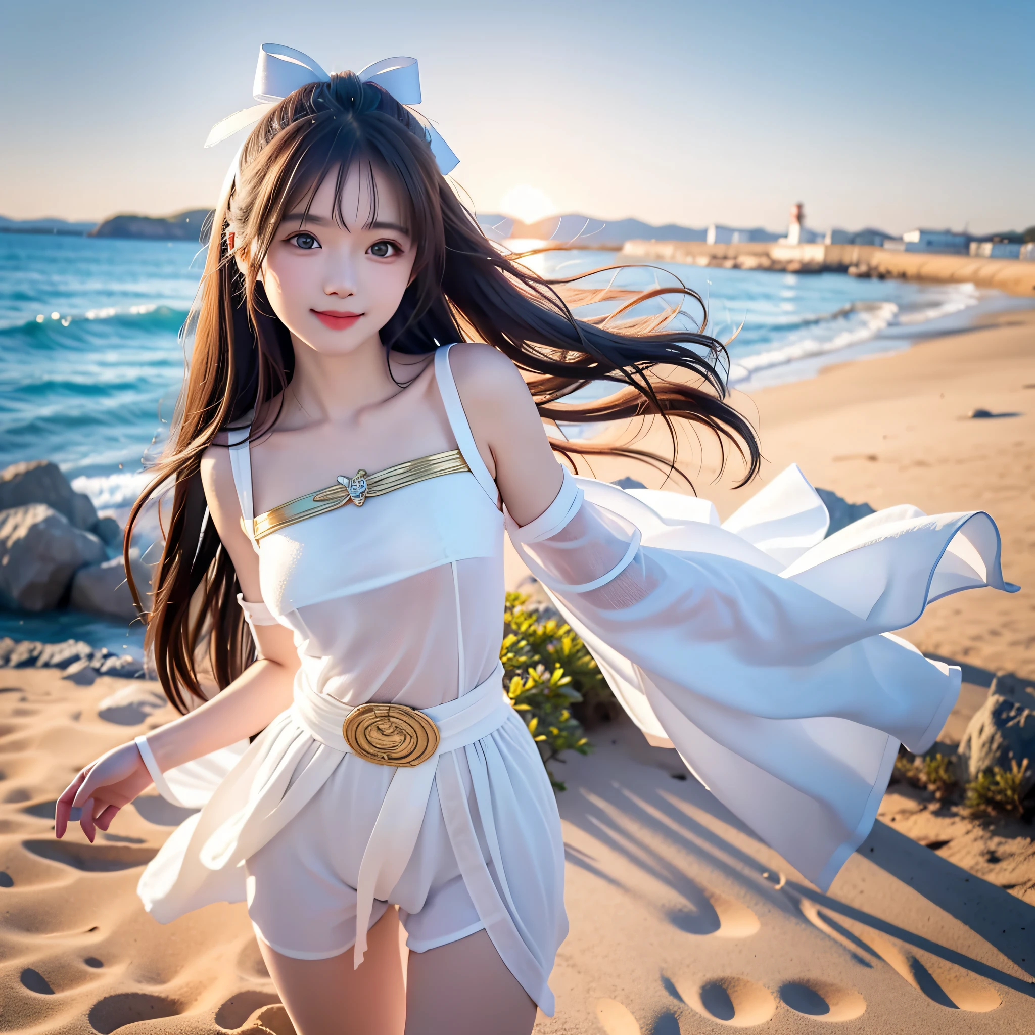 Coastal beauty, 1girl, (bright eyes, sun-kissed skin, carefree expression), beach background, lighthouse, soft sea breeze, playful pose, dynamic composition, golden hour lighting, blurred background, rich colors, fine details, surreal, 50mm lens, relaxing atmosphere. Portrait photography, 35mm film, natural blur, (upper body white chest wrap, white bow belt), underage girl, good fingers, smile, full body, slender legs