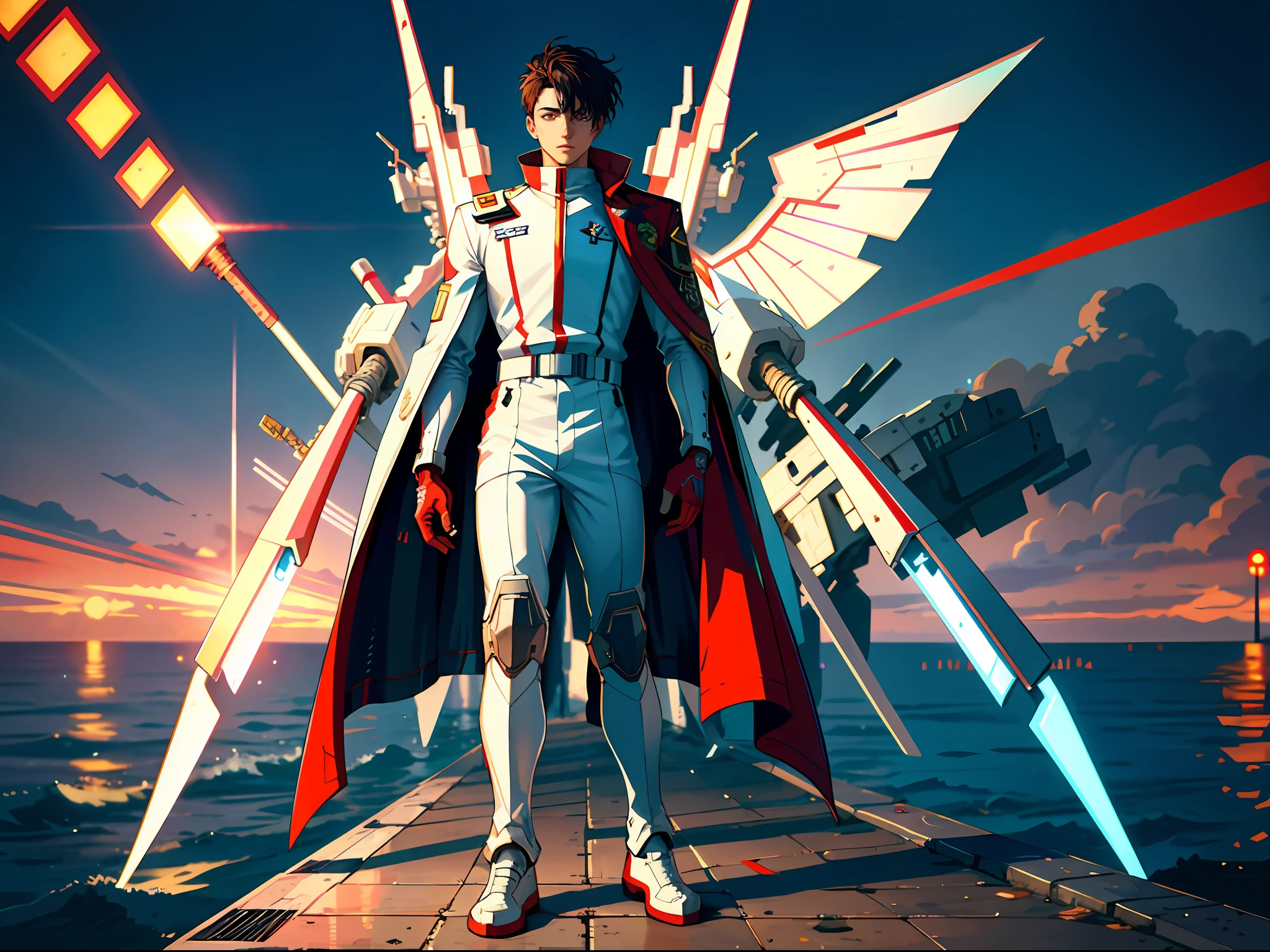 HD clear, best images, illustrations, super detailed, a young man wearing a cyberpunk style (white combat uniform), detailed face, and facial features, standing on the seaside pier with a thoughtful expression on his face, behind him is a huge red mech
