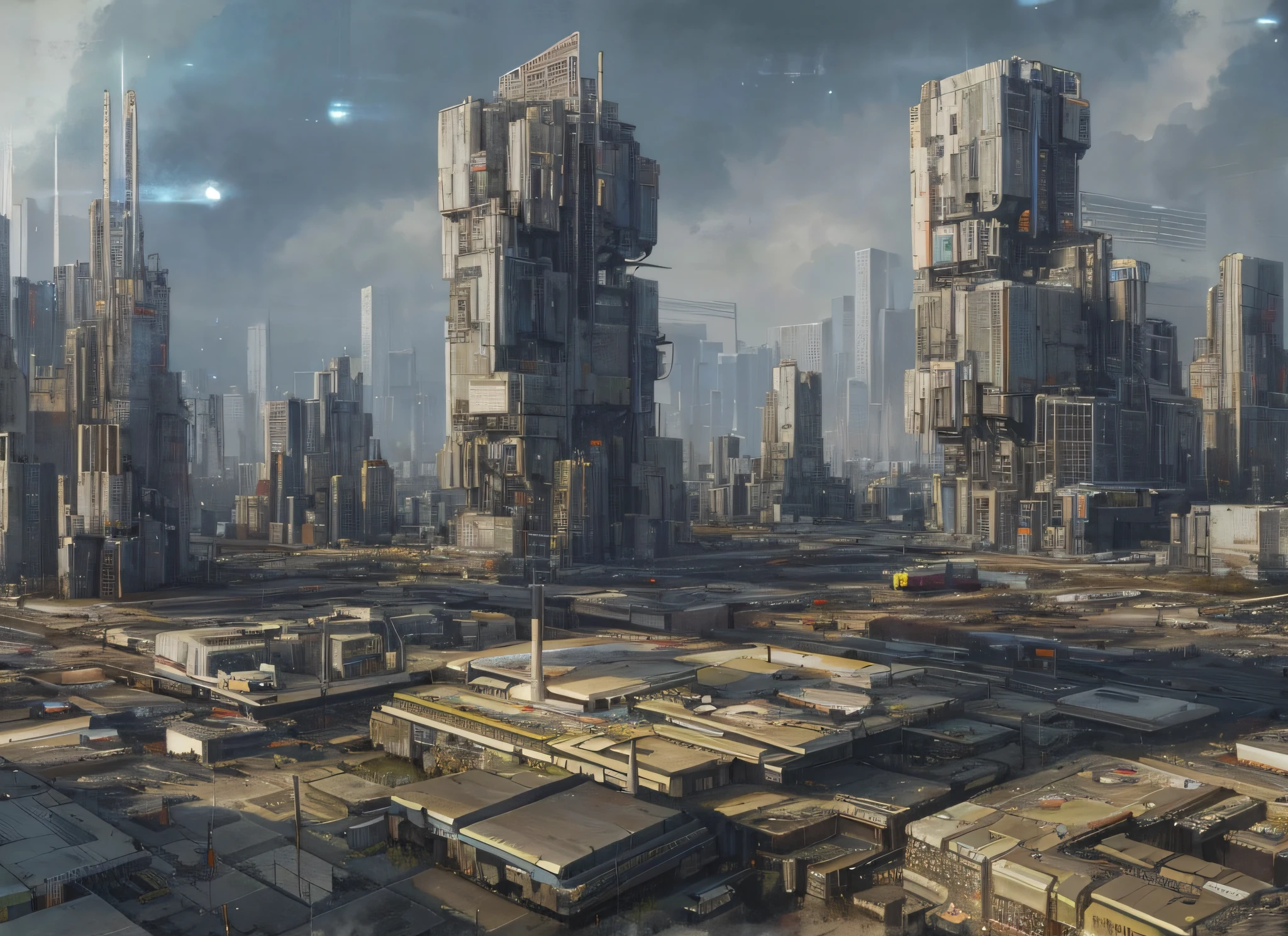 Futuristic city with many tall buildings and many cars, city skyline, future dystopian city, dystopian city, dystopian cyberpunk city,