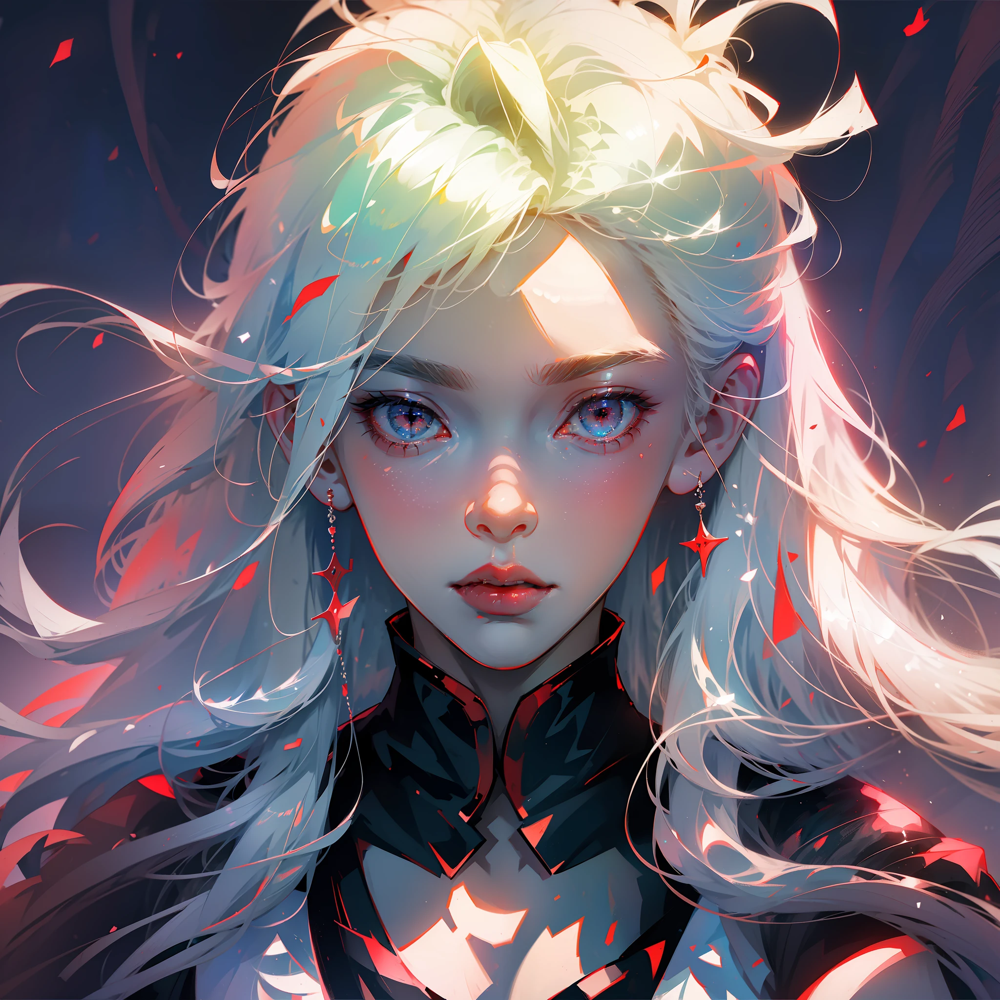 anime, boy, white hair, red eyes, look the beautiful ones, beautiful face, white skin, curtl hair, ambient light, moonlight. Maximum quality. --auto --s2