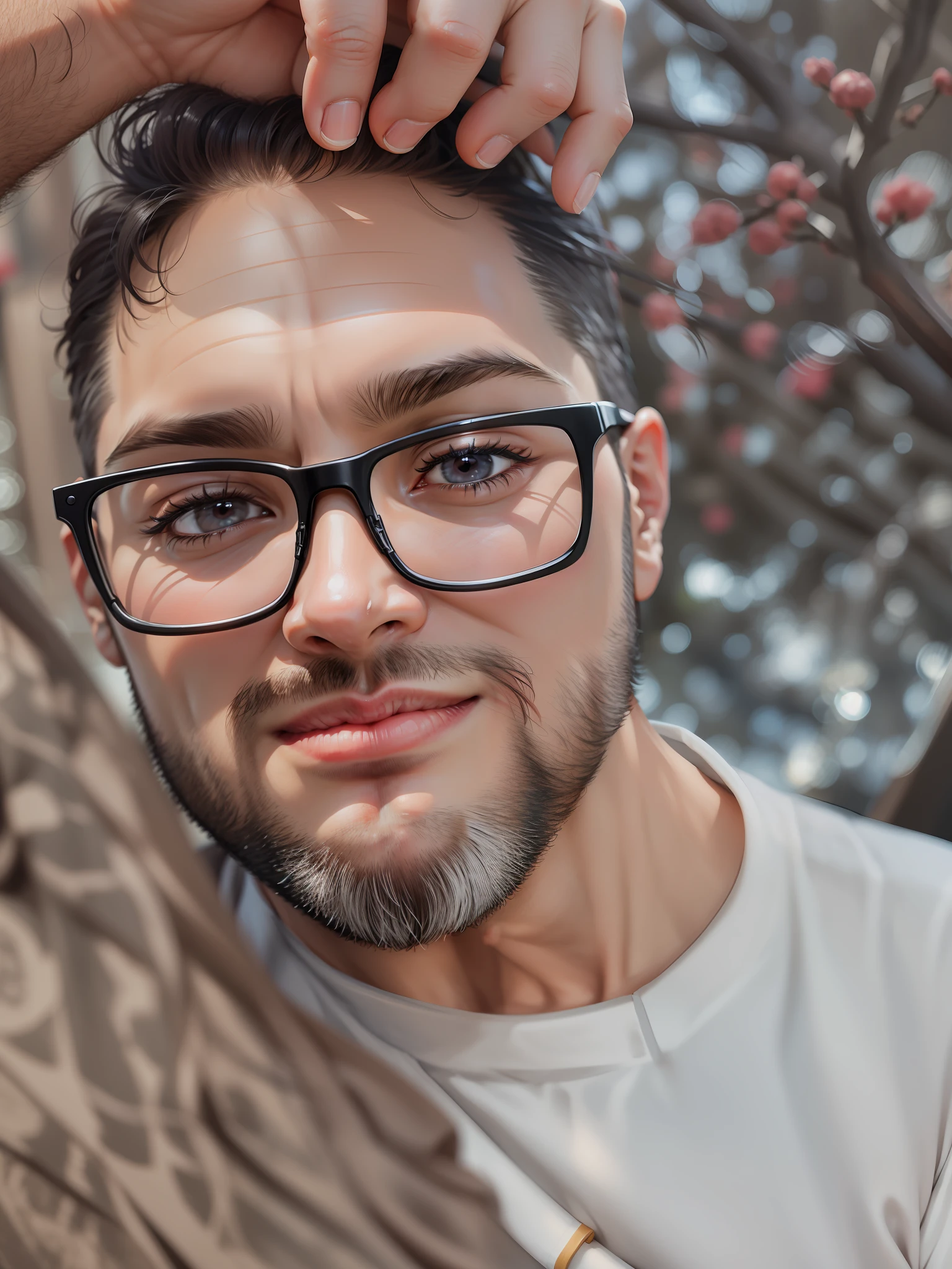 A 30-year-old man, black eyes? Lips closed.