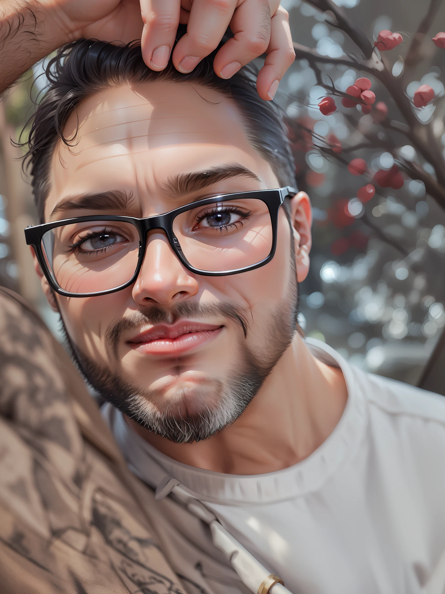 A 30-year-old man, black eyes? Lips closed.