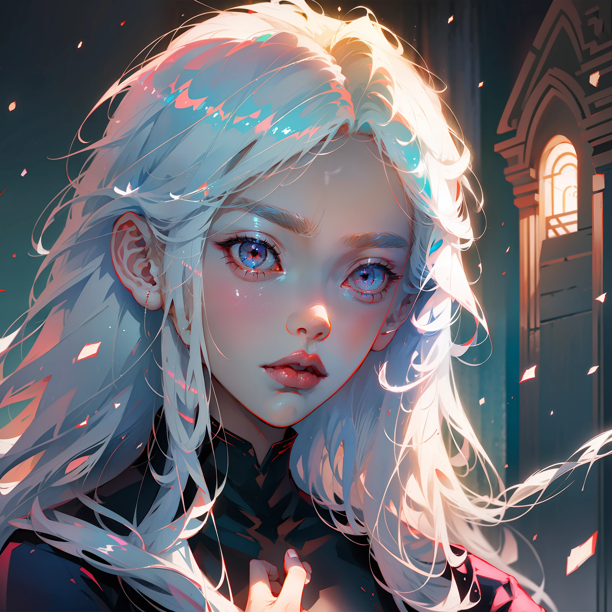 anime, boy, white hair, red eyes, look the beautiful ones, beautiful face, white skin, curtl hair, ambient light, moonlight. Maximum quality. --auto --s2