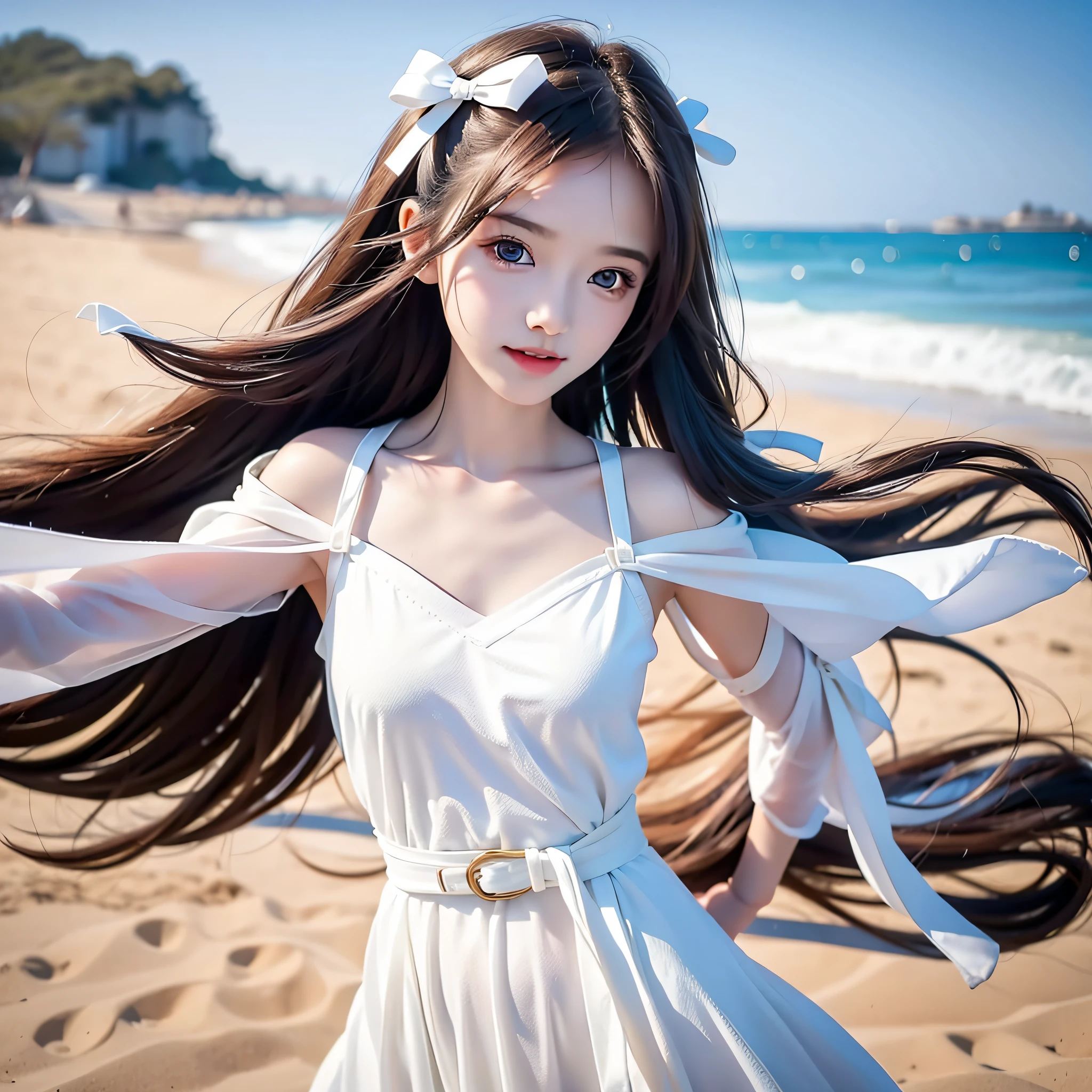Coastal beauty, 1girl, (bright eyes, sun-kissed skin, carefree expression), beach background, lighthouse, soft sea breeze, playful pose, dynamic composition, golden hour lighting, blurred background, rich colors, fine details, surreal, 50mm lens, relaxing atmosphere. Portrait photography, 35mm film, natural blur, (white chest wrap on upper body, white bow belt), underage girl, good fingers, high cold, full body, slender legs