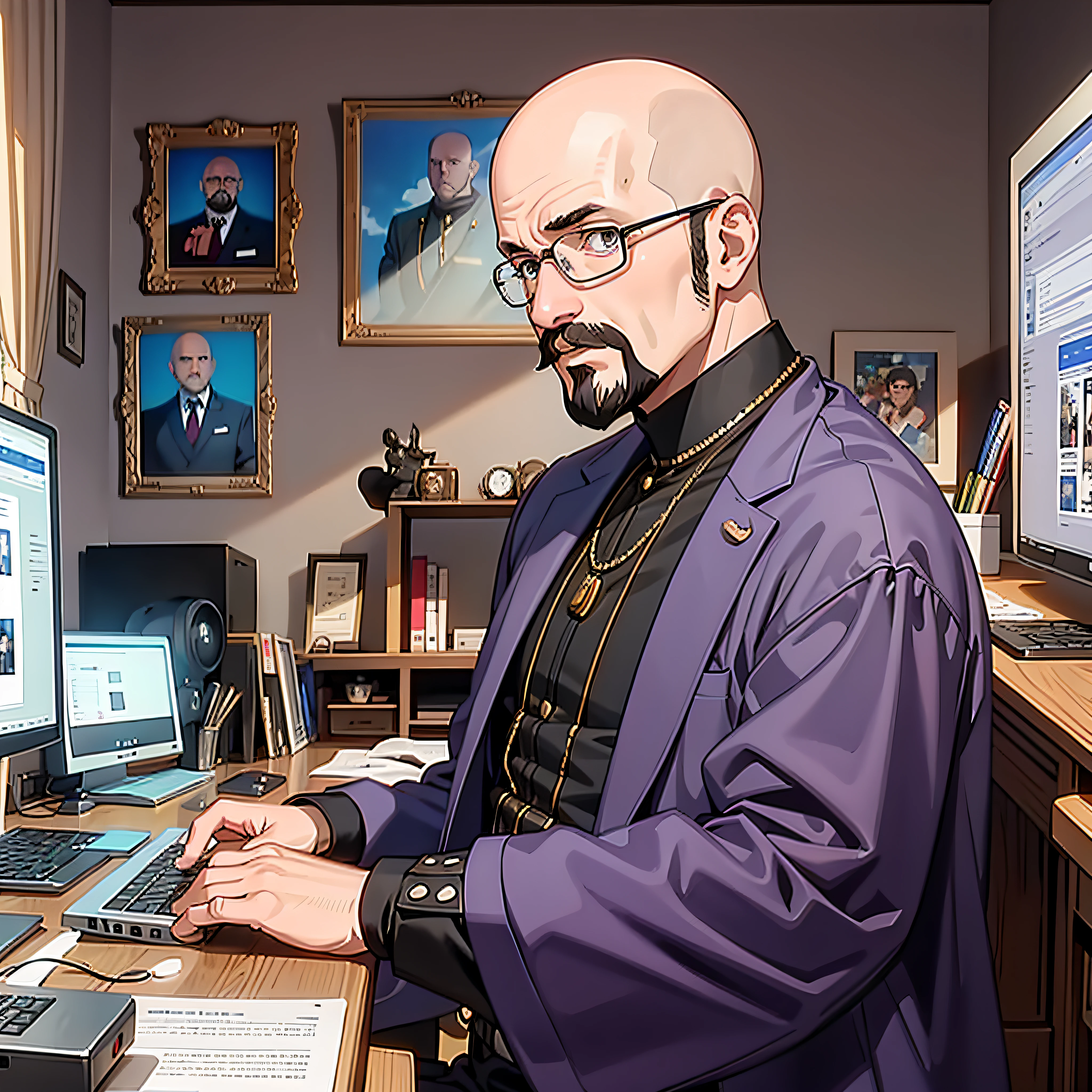 Screenshot of Anime Skinhead 40-year-old mustachioed man dressed like a medieval European aristocrat, stays at his desk with a computer and programs on a computer in a room full of gadgets in the style of 90s vintage. Fine line art 90's vintage cartoon, remove main person