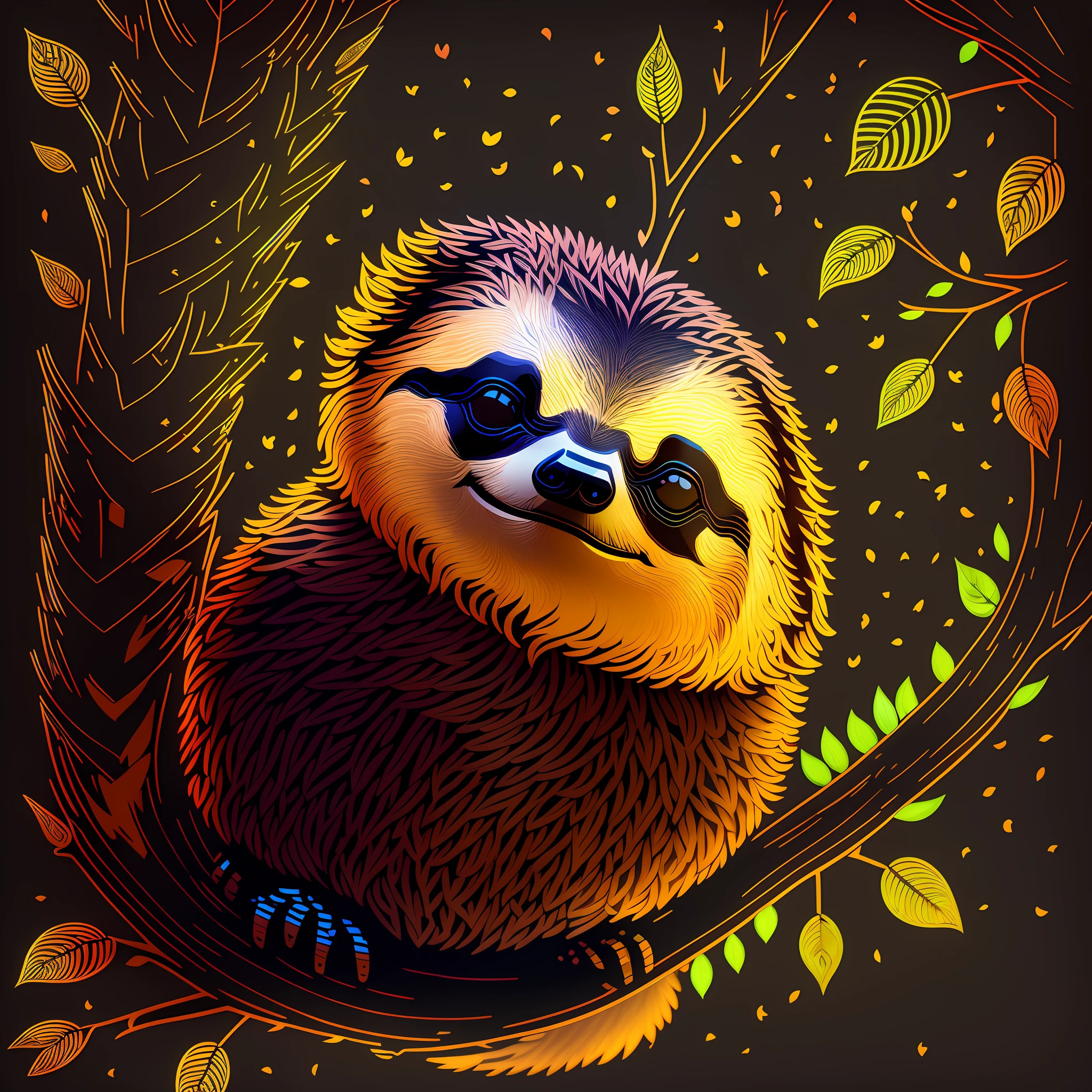T-shirt art, 3D, ((black background: 1.5), vector, bright colors, chibi
beautiful sloth, inside a circle, (on a branch))) masterpiece, best quality, intricate details,
perfect symmetrical face, realistic details, nature theme, light edge,
moonlight, cinematic shading, Greg Rutkowisk --auto --s2