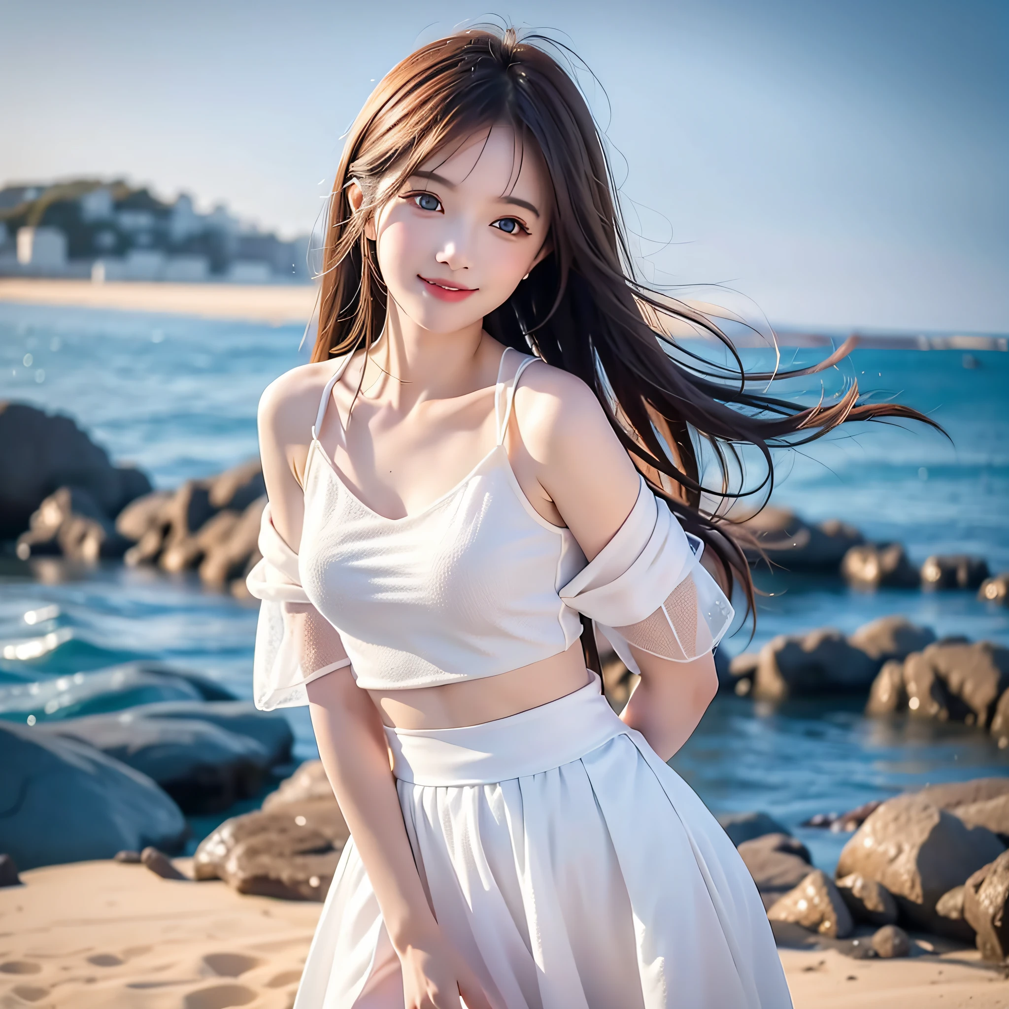 Coastal beauty, 1girl, (bright eyes, sun-kissed skin, carefree expression), beach background, lighthouse, soft sea breeze, playful pose, dynamic composition, golden hour lighting, blurred background, rich colors, fine details, surreal, 50mm lens, relaxing atmosphere. Portrait photography, 35mm film, natural blur, (white chest wrap on upper body, midi skirt on lower body), underage girl, good fingers, smile, full body, slender legs
