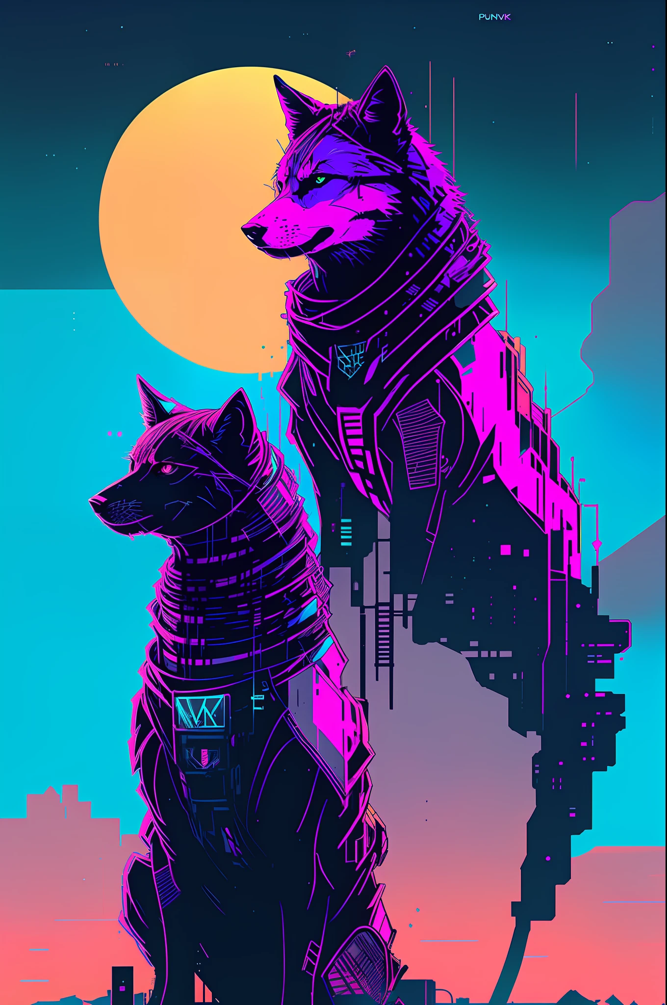 (nvinkpunk:1.2) (snthwve style:0.8) wolf, anthro, lightwave, sunset, intricate, highly detailed