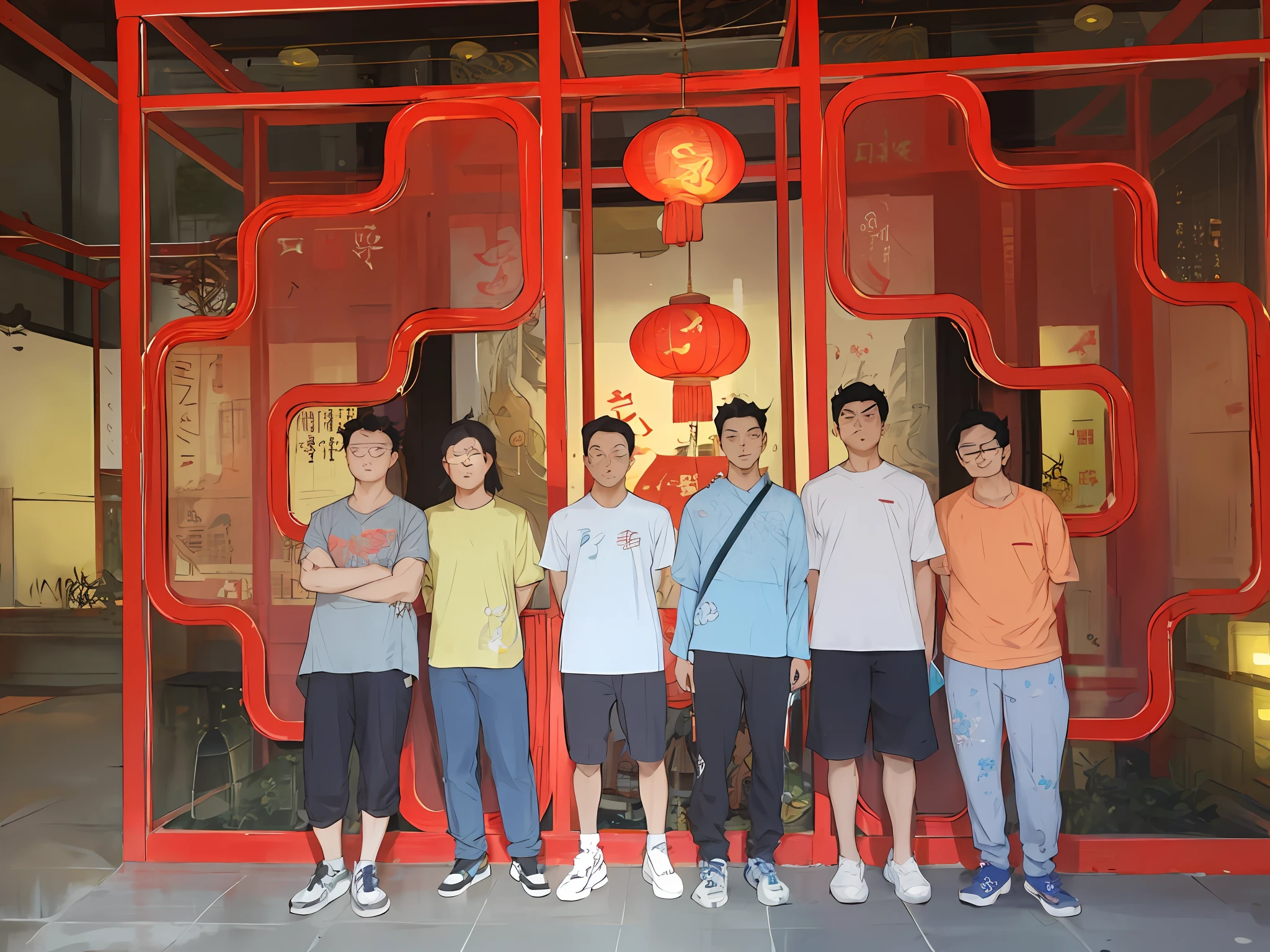 there are four people standing in front of a red building, inspired by Chen Daofu, gta chinatowon art style, inspired by Gang Hui-an, official fanart, movie promotional image, in style of atey ghailan, nanquan, inspired by Dong Qichang, inspired by Zhang Zongcang, inspired by Li Shixing