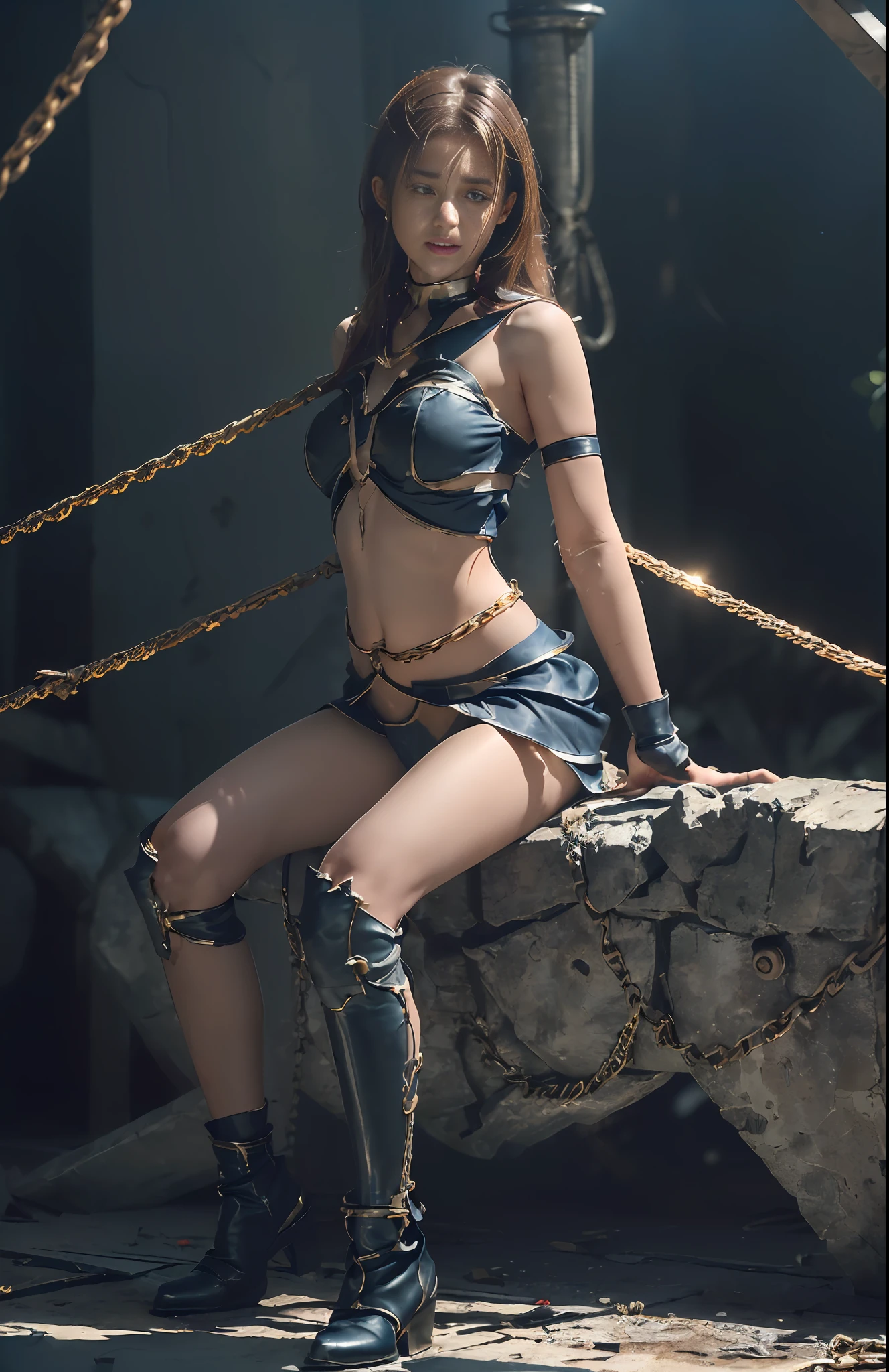 - [ ] photo,Sharpness,unique 850 4, Koda850 k portrait camera, F1.6 lens,ultra-realistic textures,spectacular light textures, Cinestil 800 fashion mechanics, Beautiful girl with accentuated slender abs: 1.4,Six Pack Abs: 1.4, Bust Botox,standing on tiptoe,((wearing a torn sheer costume of a superheroine)),(no panties, no bra)),wet crotch,wet thighs,(futuristic sci-fi battle fashion,elbow and knee cyberpad, cyber long boots, cyberglove: 1.1), (tied perfectly by chain), restraint, slave, collars, contempt, (((tears flow, cry with pain)), sweating, (( wide prison with sunlight)), dark fantasy, peeling of the ceiling, broken slabs, rebar between cracks, realistic material details, extreme details, ultra-realistic materials, broken walls, ( (torn costume)), wet, (chained), ((big emphasized by chains)), ((chains digging into the crotch)), hands tied behind the back, invisible hands, shredded costumes, broken golden shields and battle spears,long combat boots with golden knee pads, golden shoulder armor and combat gloves, junkyard, blood splattered on the face, blood splattered, realistic, (bruises, dirty, ripped clothes, skimpy clothes, blood: 1.3), brown hair, long hair, torn cloak, Torn pantyhose, long legs, ((iron pipe into the crotch)), metallic shackles and fetters, ((4 chains hung from heaven)), wet crotch clearly visible, sword and shield made of Swarovski at the feet, anatomical, (futuristic sci-fi battle fashion, cracked elbow and knee cyberpads, torn cyberlong boots, torn cybergloves: 1.1), (((both wrists restrained above the head)),((a girl straddling the iron bar)), ((left leg is suspended at the knee)),chained shackles and fetters, restraints, slaves, collars, contempt, ((tears, crying in pain)), (vast prison with sunlight), dark fantasy, peeling ceilings, broken slabs, Rebar between cracks, realistic material details, extreme details, ultra-realistic material, broken wall, (((Torn costume))),((the tip is protruding, the areola protrudes, the shape of the pub