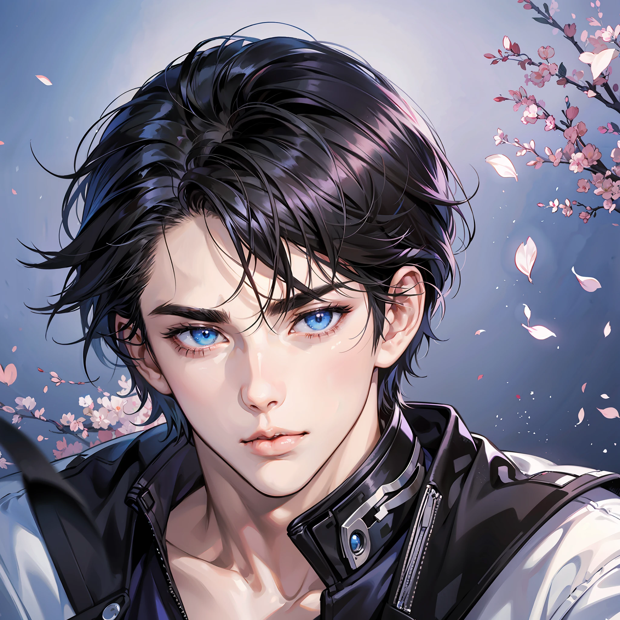 Realistic anime, male pessonage, black hair, blue eyes, seductive eyes, beautiful face, short hair reaching up to the eyebrows. Maximum quality. --auto --s2