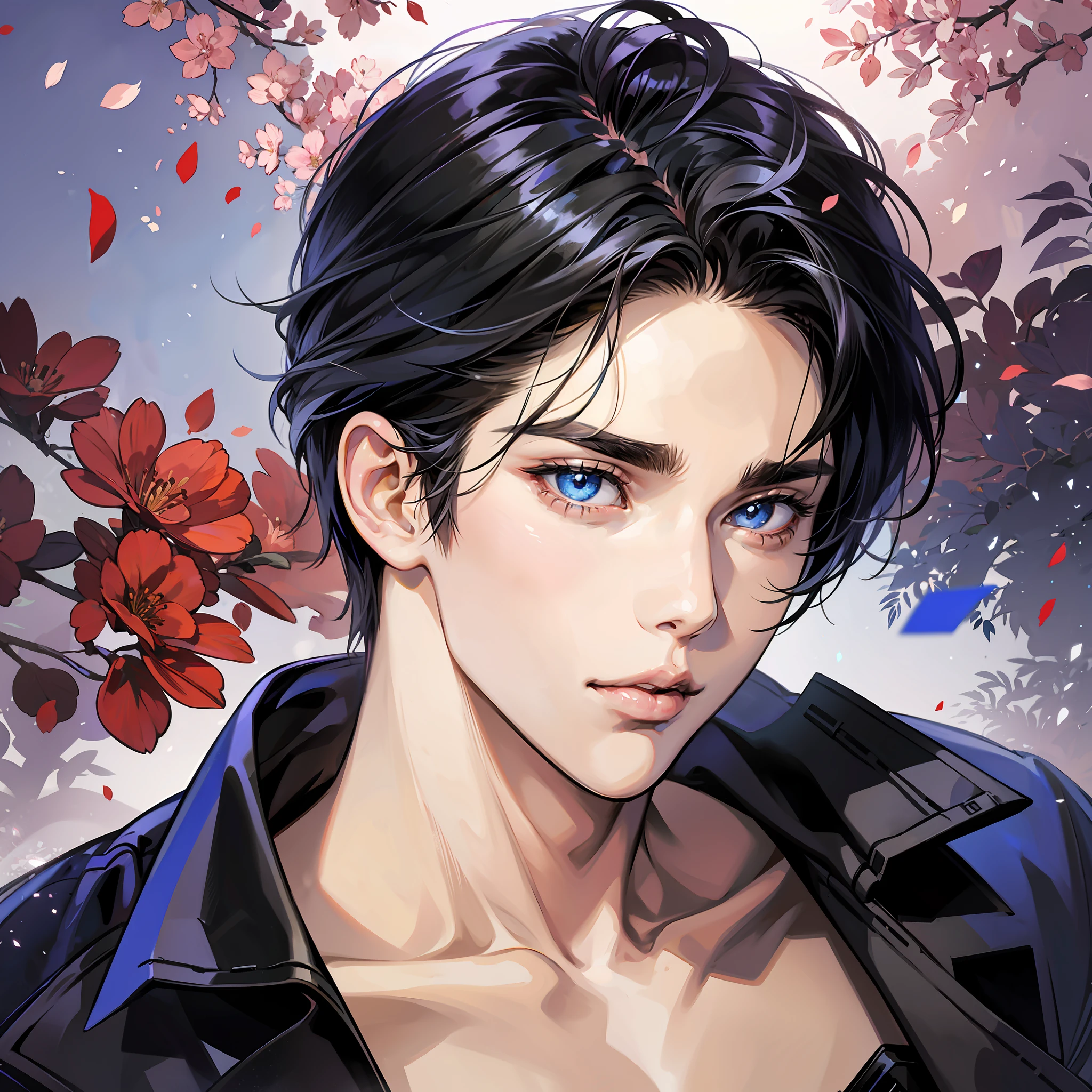 Realistic anime, male pessonage, black hair, blue eyes, seductive eyes, beautiful face, short hair reaching up to the eyebrows. Maximum quality. --auto --s2