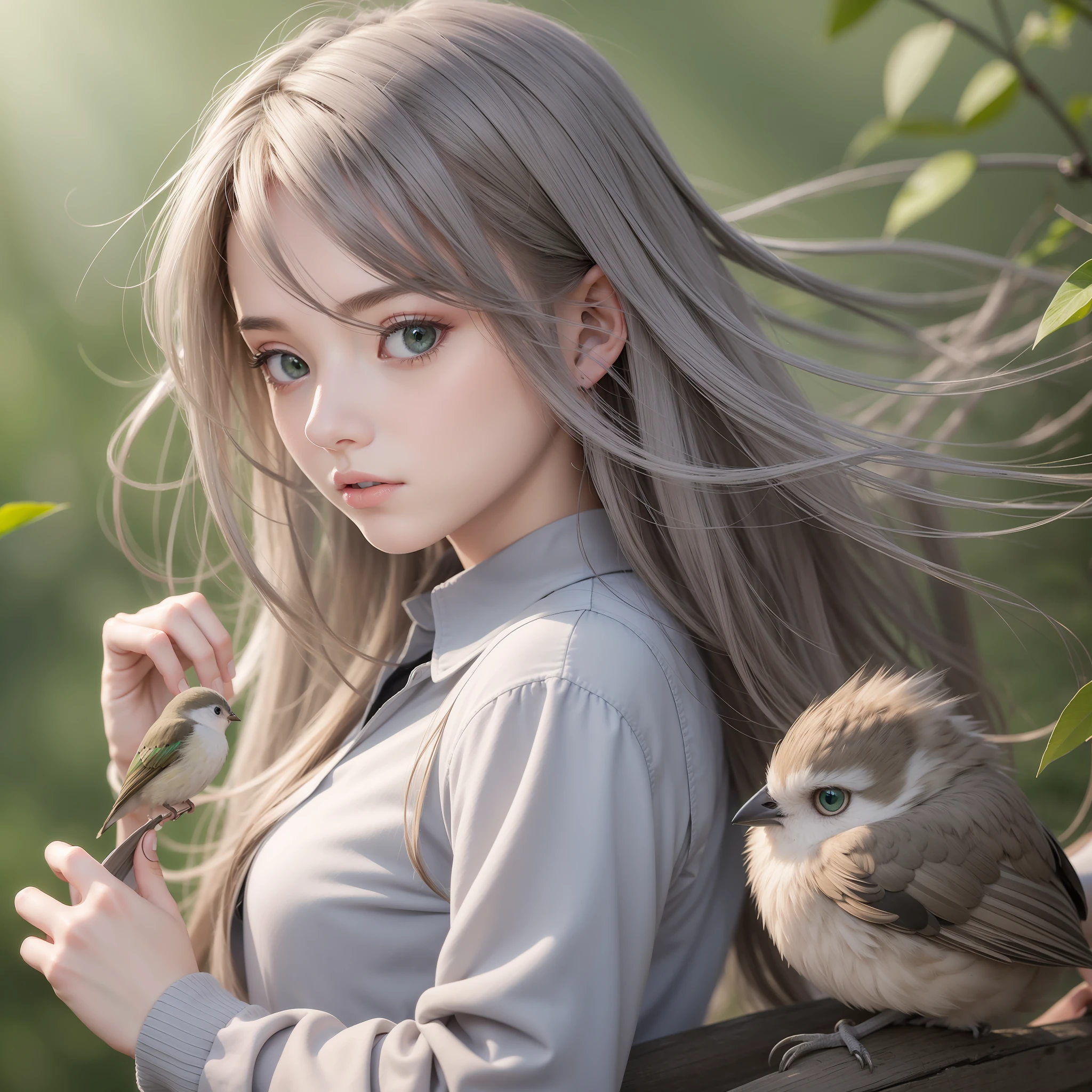 (Masterpiece) 8K resolution, gray-silver semi-long, -yeld beiful girl, hair fluttering in the wind, hazelnut eyes, beautiful green eyes, model style, anime style, beautiful little bird perching on fingertips