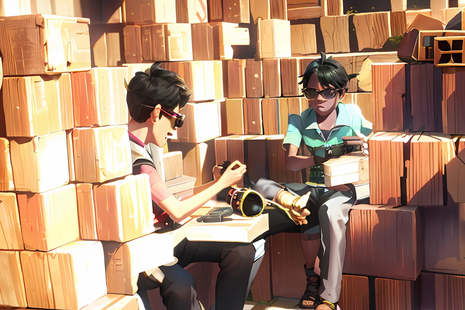 arcane style,

2kid, (black boys:1.5), sitting between bricks counting money, both are wearing sunglasses, bright sunlight, arcane jinx, jinx \(league of legends\)