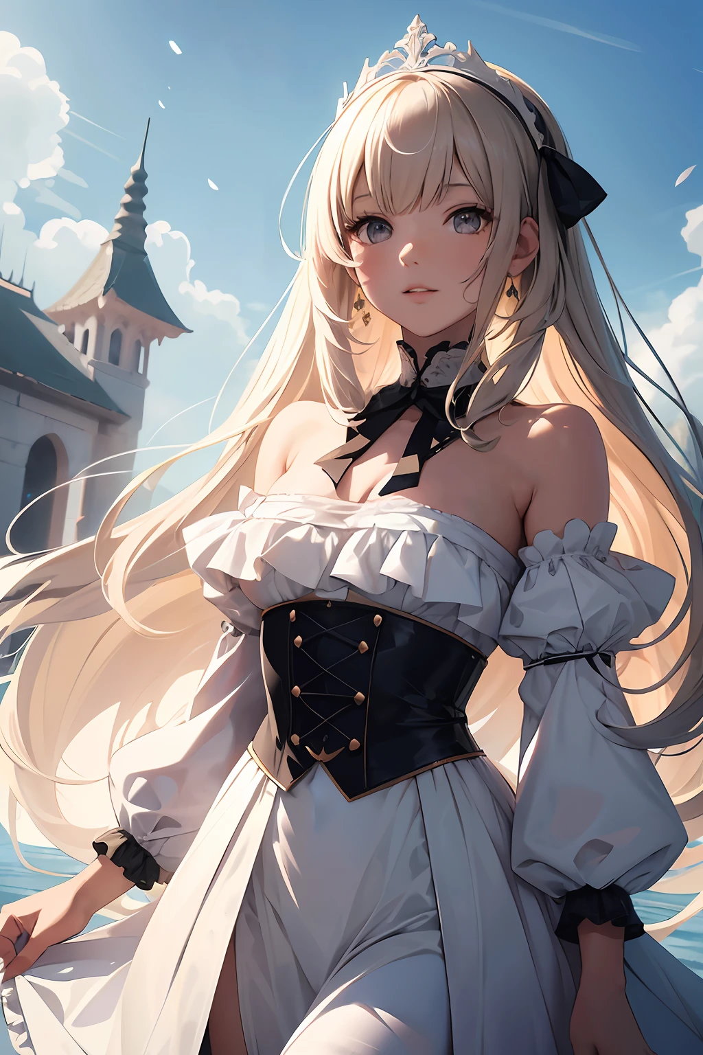 there is an ancient palace beside the girl, a extremely delicate and beautiful girl, photorealistic, incredibly absurdres, Abstract art, Show from the hips to the shoulders, grabbing, extremely detailed body, woman, young,20 years old, very long hair, floating hair, light brown hair, two-tone hair, beautiful detailed hair, delicate beautiful face, light smile, clear eyes, parted_lips, black eyes, neck_ribbon, frilled_dress, jacket, white Clothes, floating palace, beautiful and clear background, beautiful sky, bloom, very precise detailed, absurdres, extremely CG,