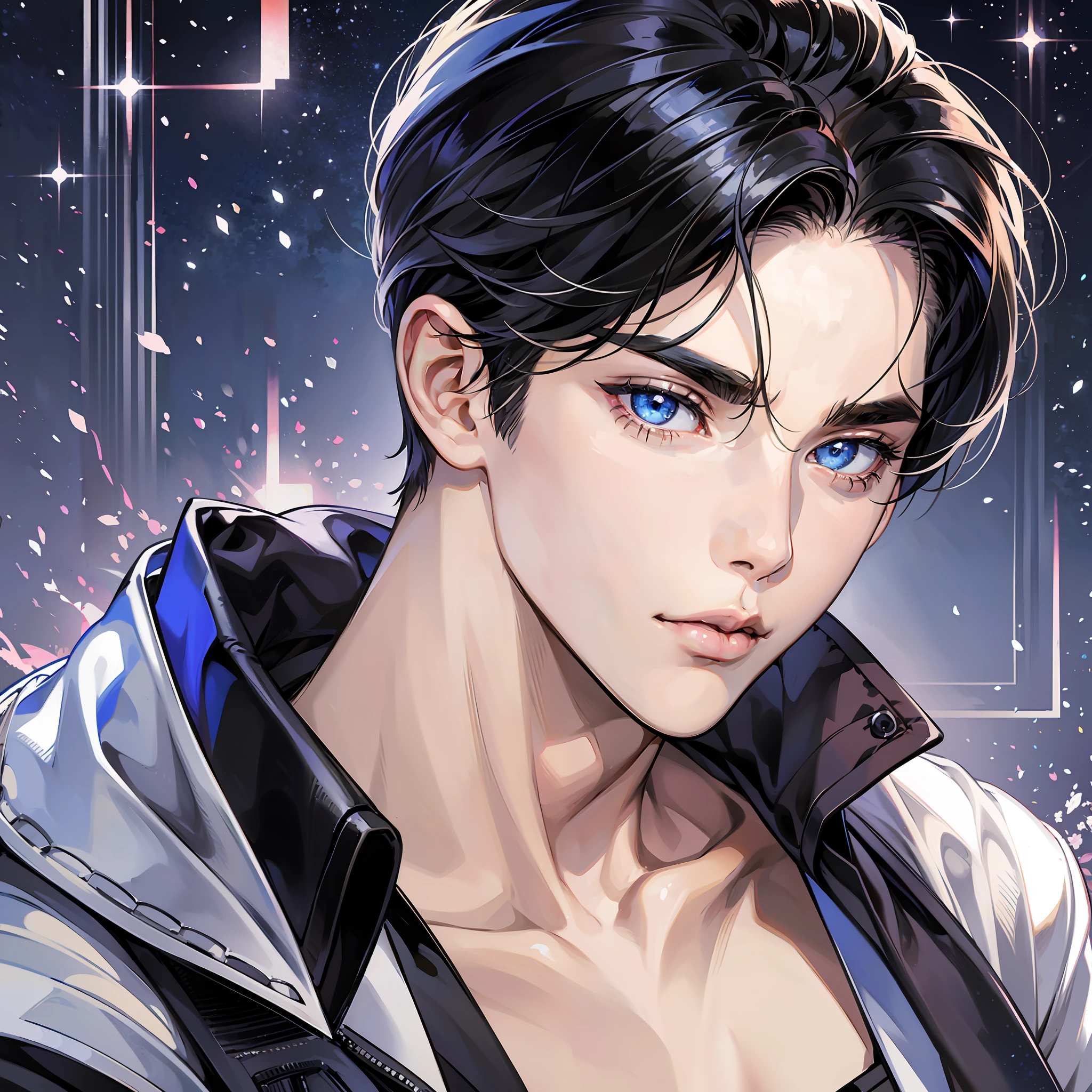 Realistic anime, male pessonage, black hair, blue eyes, seductive eyes, beautiful face, short hair reaching up to the eyebrows. Maximum quality. --auto --s2