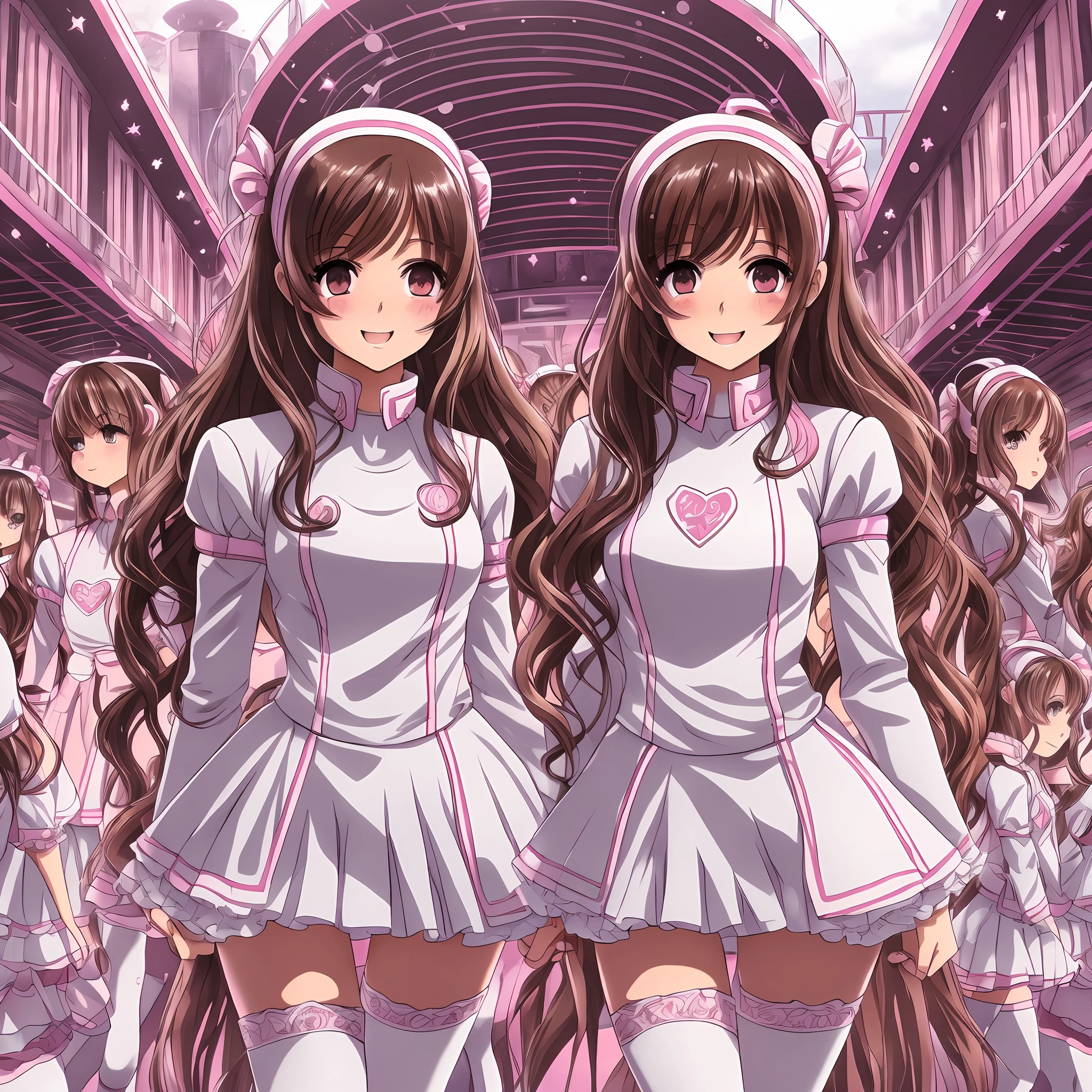perfect anime illustration, multiple girls, thousands of girls, millions of girls, rich girls, clones, identical sisters, sisters crowded together, sisters in background, brown hair, curly hair, matching hairstyle, hazel eyes, smiling, ((matching outfits, pink uniform, white thigh highs, high heels)), matching hairstyles, white background, highres, full body, sisters marching