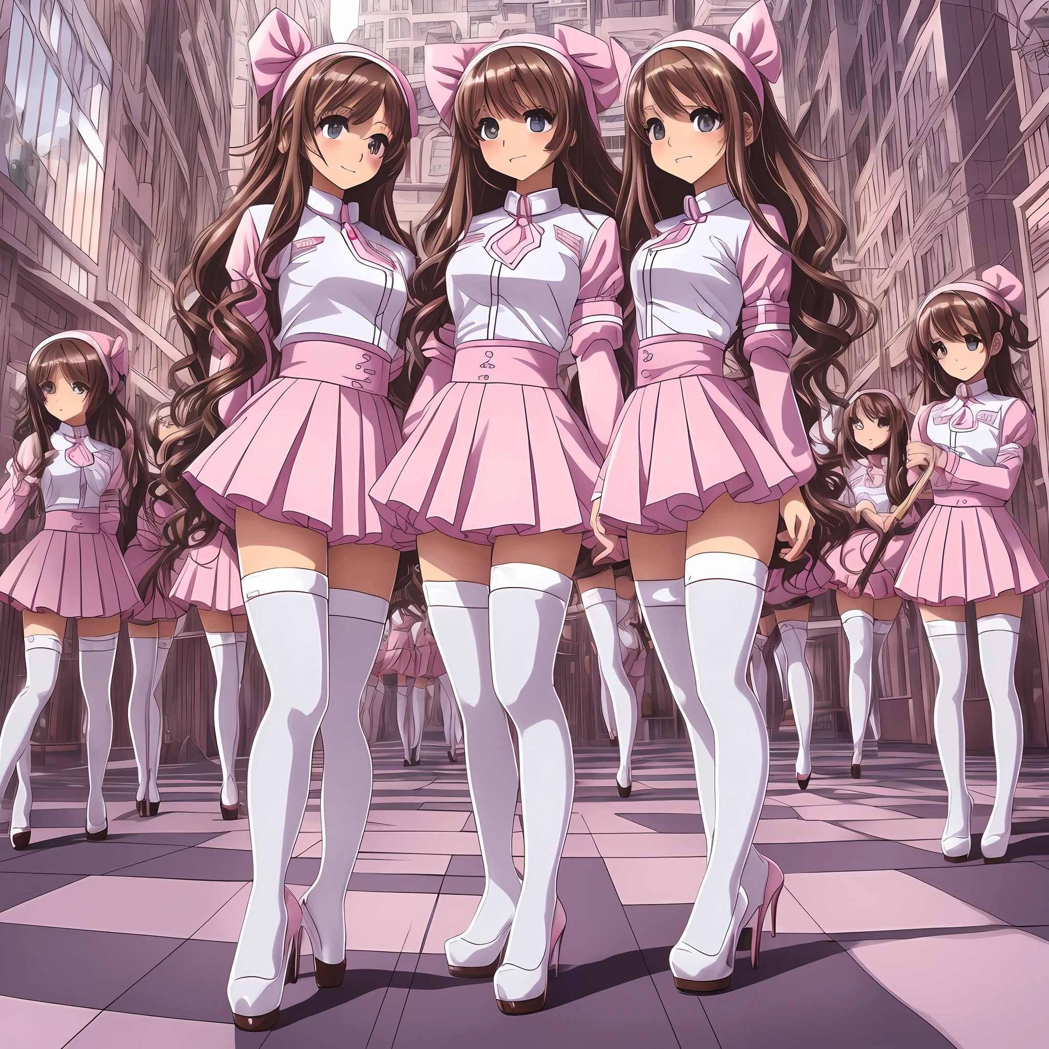 perfect anime illustration, multiple girls, thousands of girls, millions of girls, rich girls, clones, identical sisters, sisters crowded together, sisters in background, brown hair, curly hair, matching hairstyle, hazel eyes, smiling, ((matching outfits, pink uniform, white thigh highs, high heels)), matching hairstyles, white background, highres, full body, sisters marching