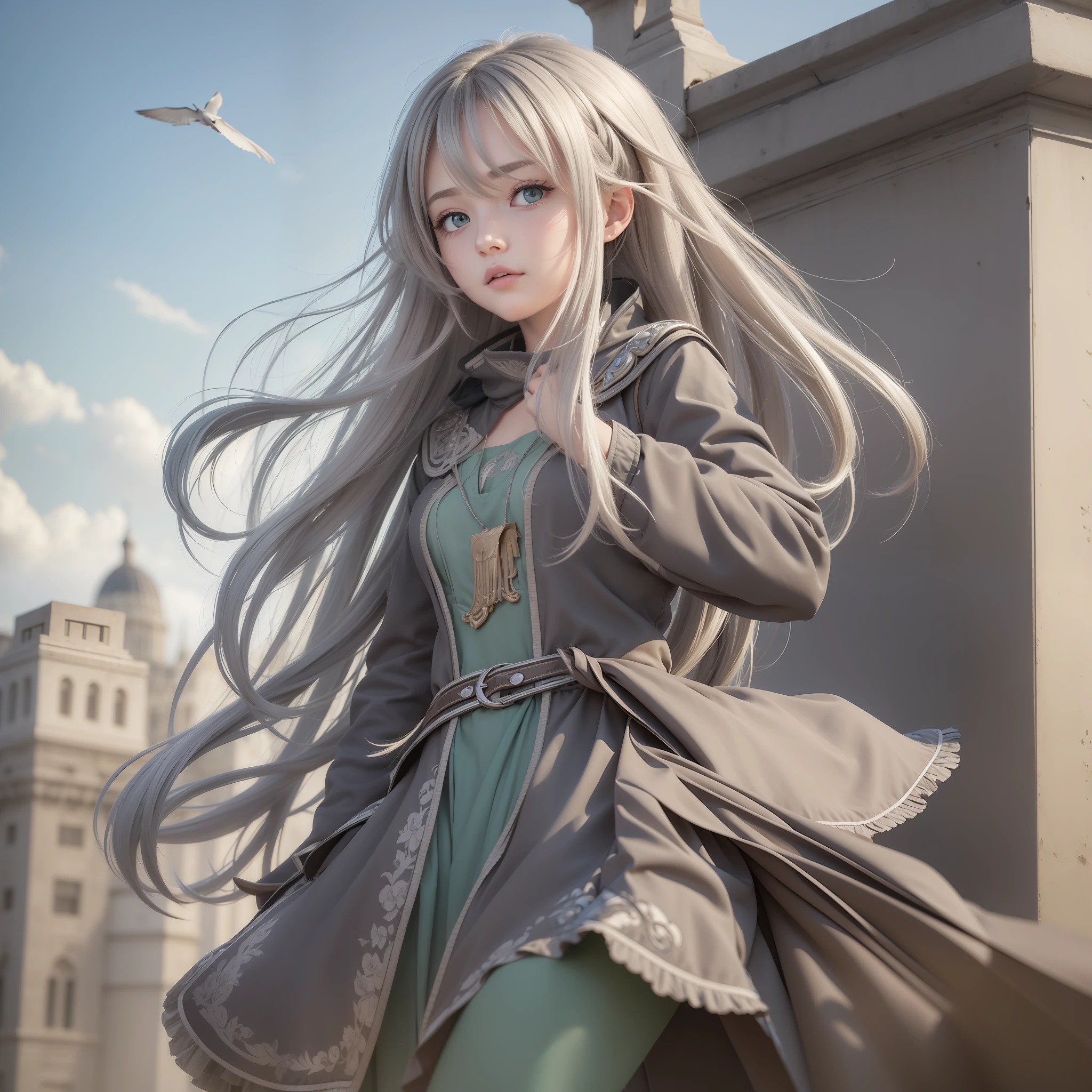(Masterpiece) 8K resolution, gray-silver semi-long, 16-year-old beautiful girl, hair fluttering in the wind, hazelnut eyes, beautiful green eyes, model style, anime style, beautiful little bird perching on fingertips