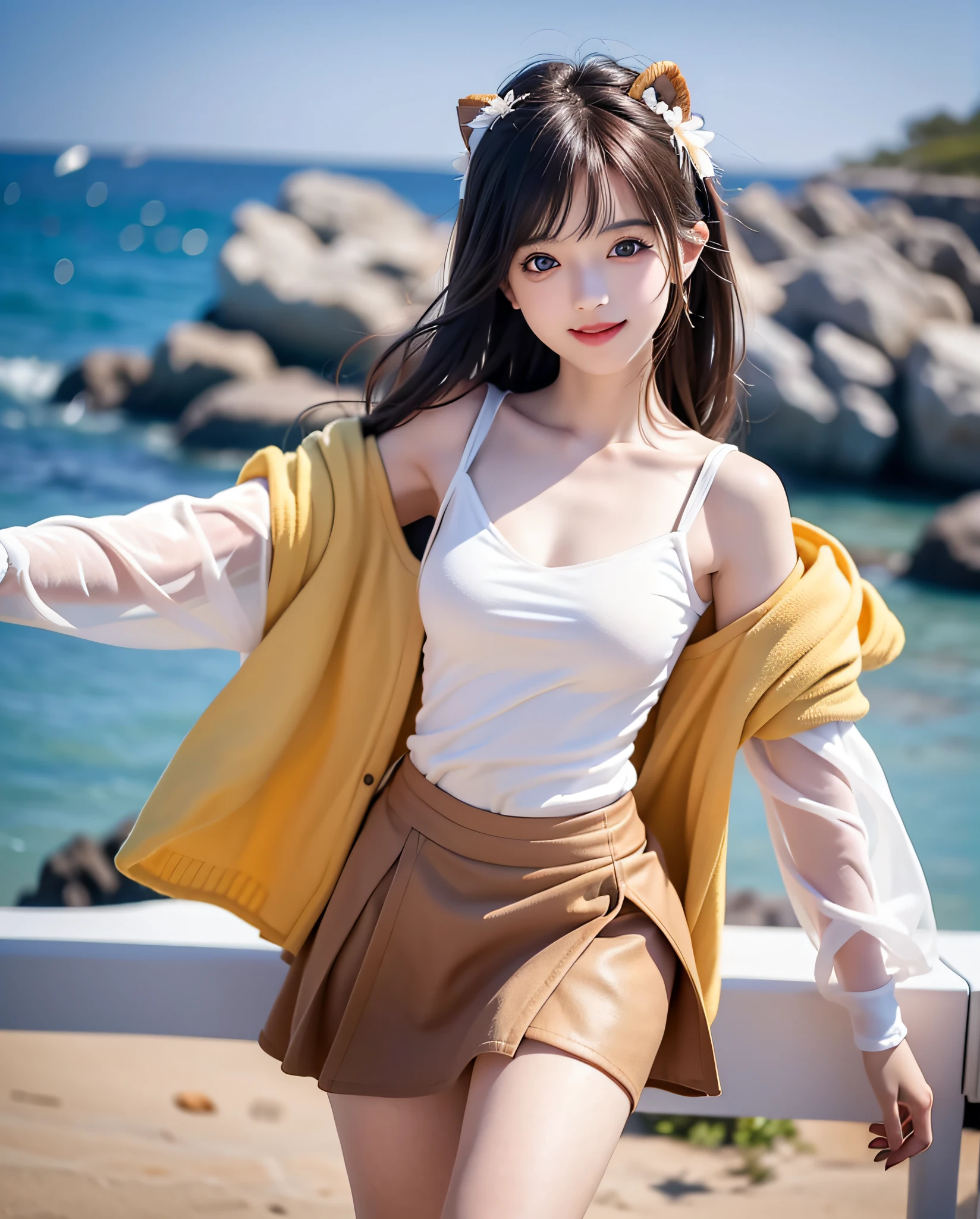 Coastal beauty, 1girl, (bright eyes, sun-kissed skin, carefree expression), beach background, lighthouse, soft sea breeze, playful pose, dynamic composition, golden hour lighting, blurred background, rich colors, fine details, surreal, 50mm lens, relaxing atmosphere. Portrait photography, 35mm film, natural blur, (upper body white chest wrap, lower body knee-length skirt), underage girl, good fingers, smile, full body, slender legs, cute tiger teeth