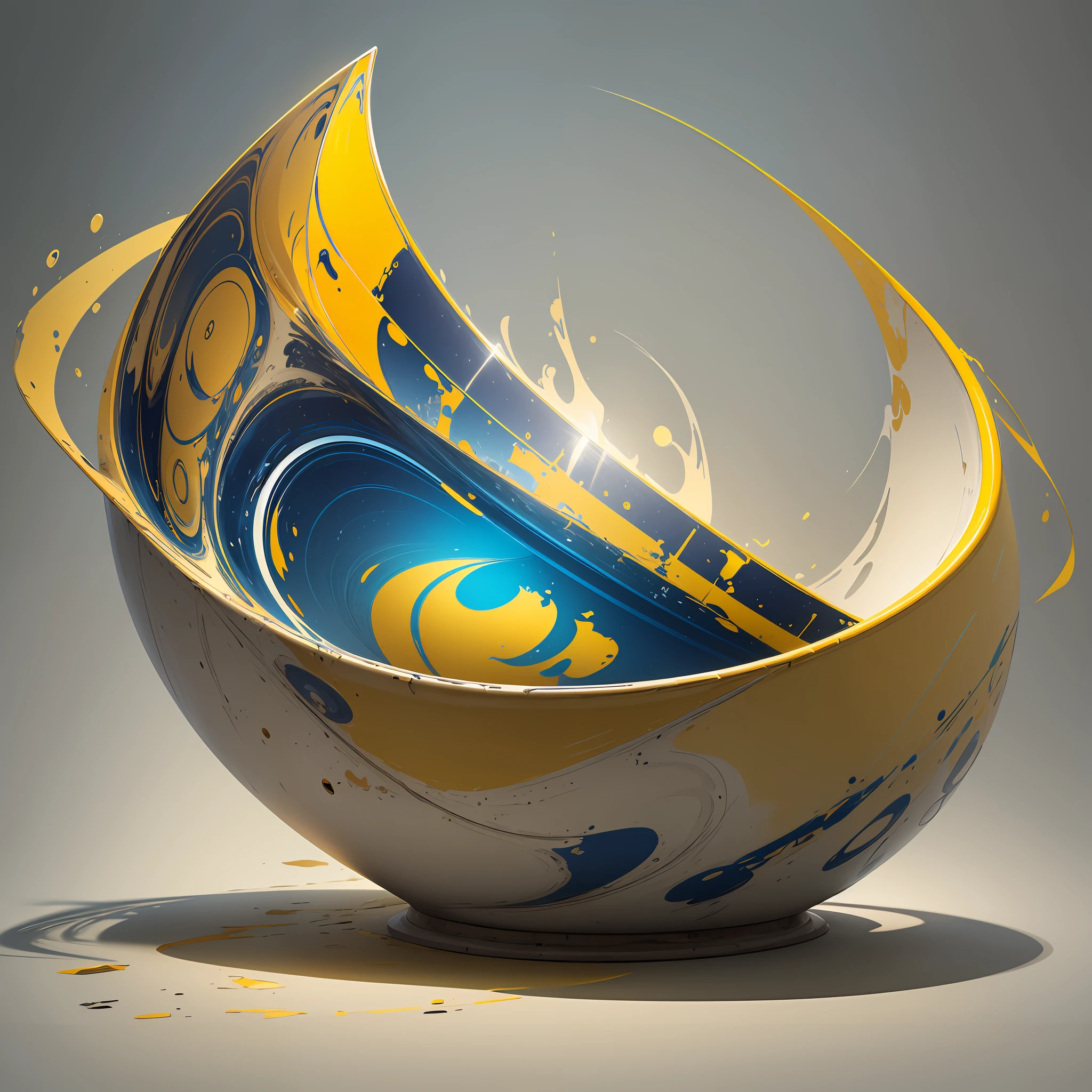Banner curved downward, basin shaped, yellow in gradient to white color, with blue outline, digital art