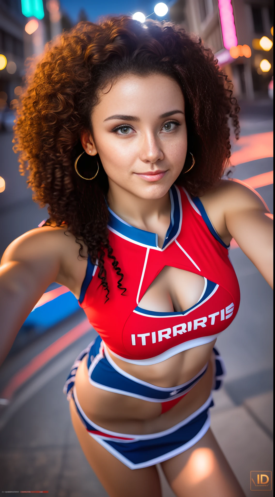 18 year old brunette cheerleader incrinada looking up for camera (selfie camera angle) full body, big breasts, short curly hair,8k raw, perfect and realistic (angle from top to bottom) in town at night neon