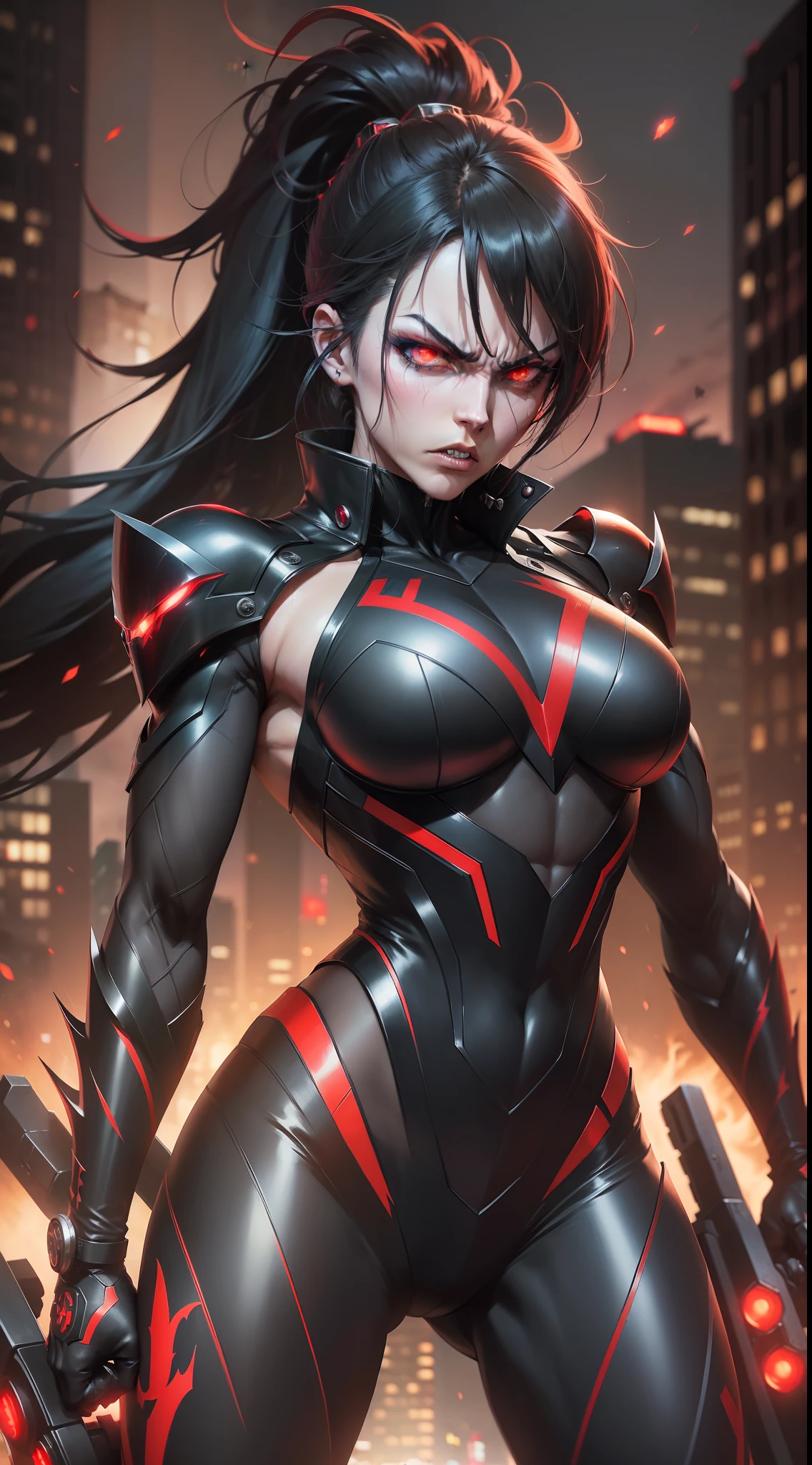 (A powerfully built anime character),(a sinister expression of rage),(a stylish and intimidating suit),(sharp, piercing eyes fixed on their target),(dark atmosphere),(red and black lighting),(city night scene),(dynamic, intense action),blurred foreground.
