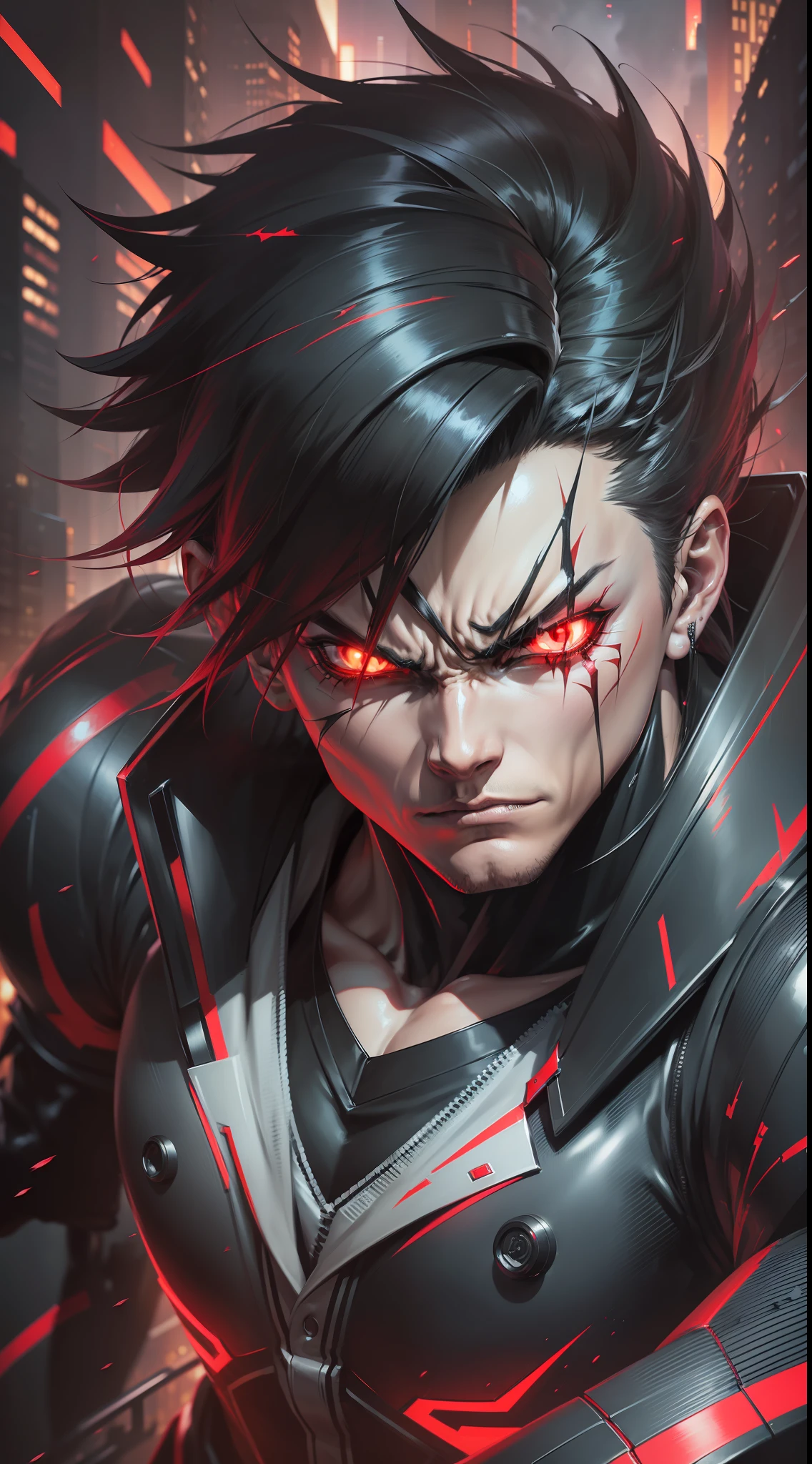 (A powerfully built anime character),(a sinister expression of rage),(a stylish and intimidating suit),(sharp, piercing eyes fixed on their target),(dark atmosphere),(red and black lighting),(city night scene),(dynamic, intense action),blurred foreground.